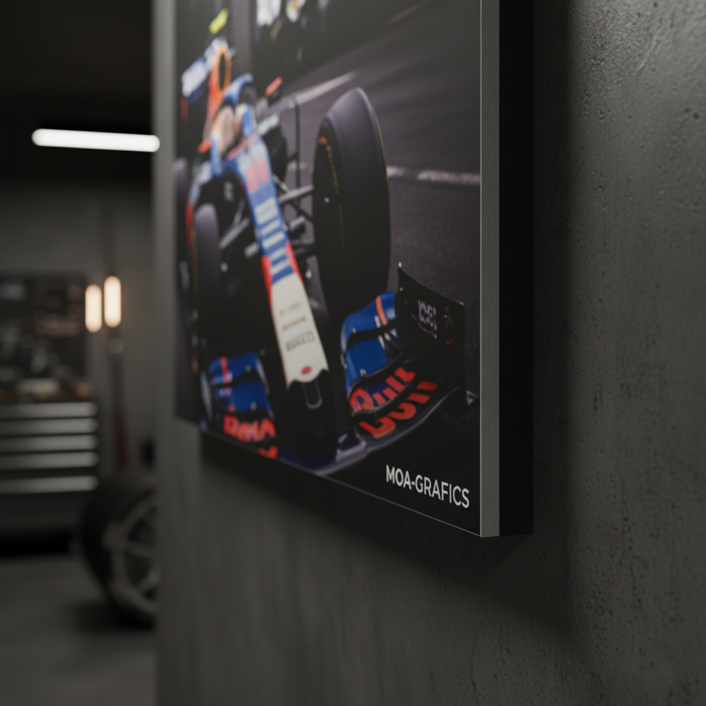 Primer plano de un póster de arte MOA-GRAFICS con un diseño de Fórmula 1, colgado en la pared de hormigón de un garaje o taller profesional.