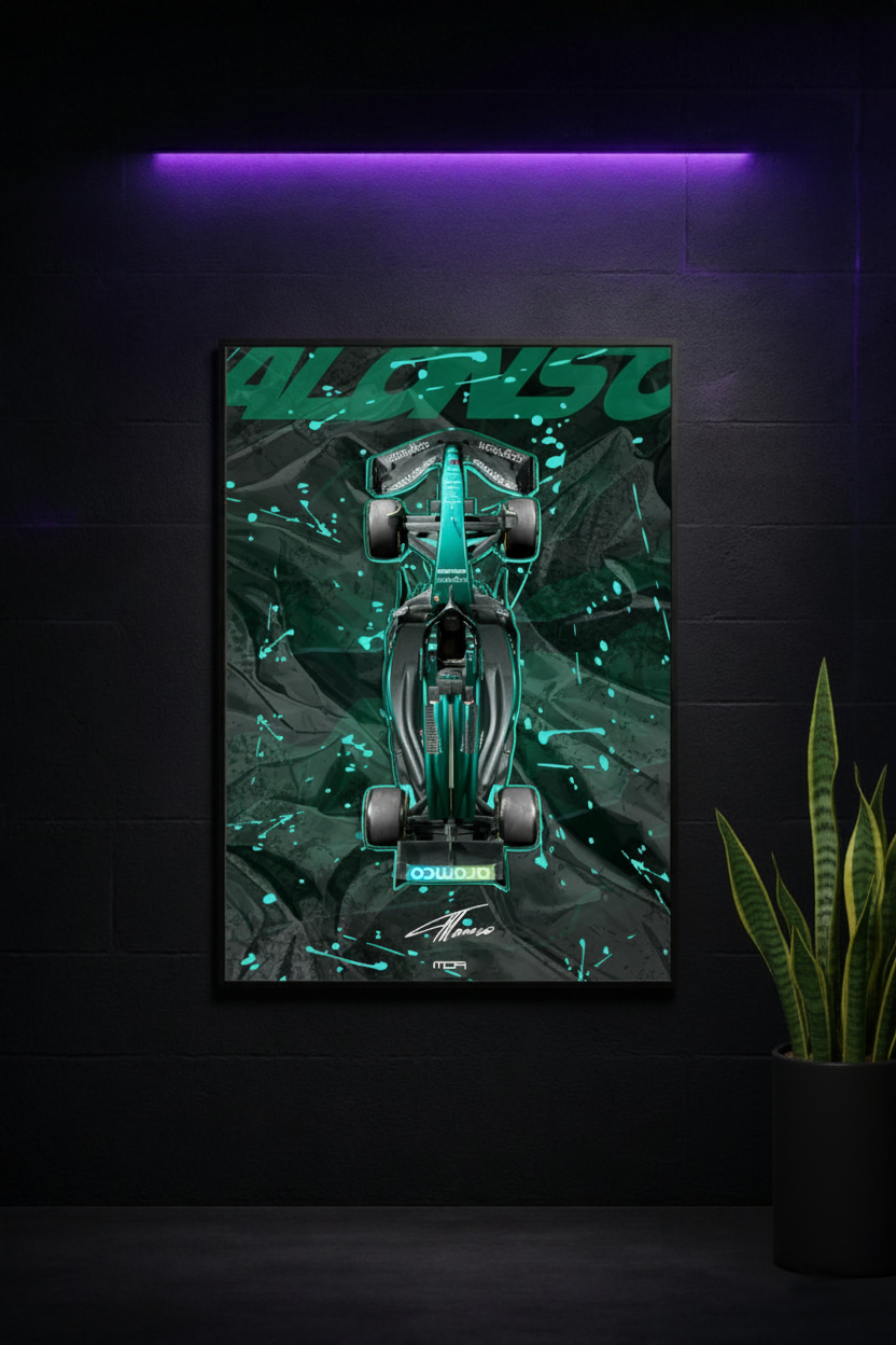 Póster de Aston Martin Vantage, V4, con diseño de collage. Decoración moderna para oficina o estudio de diseño automotriz.