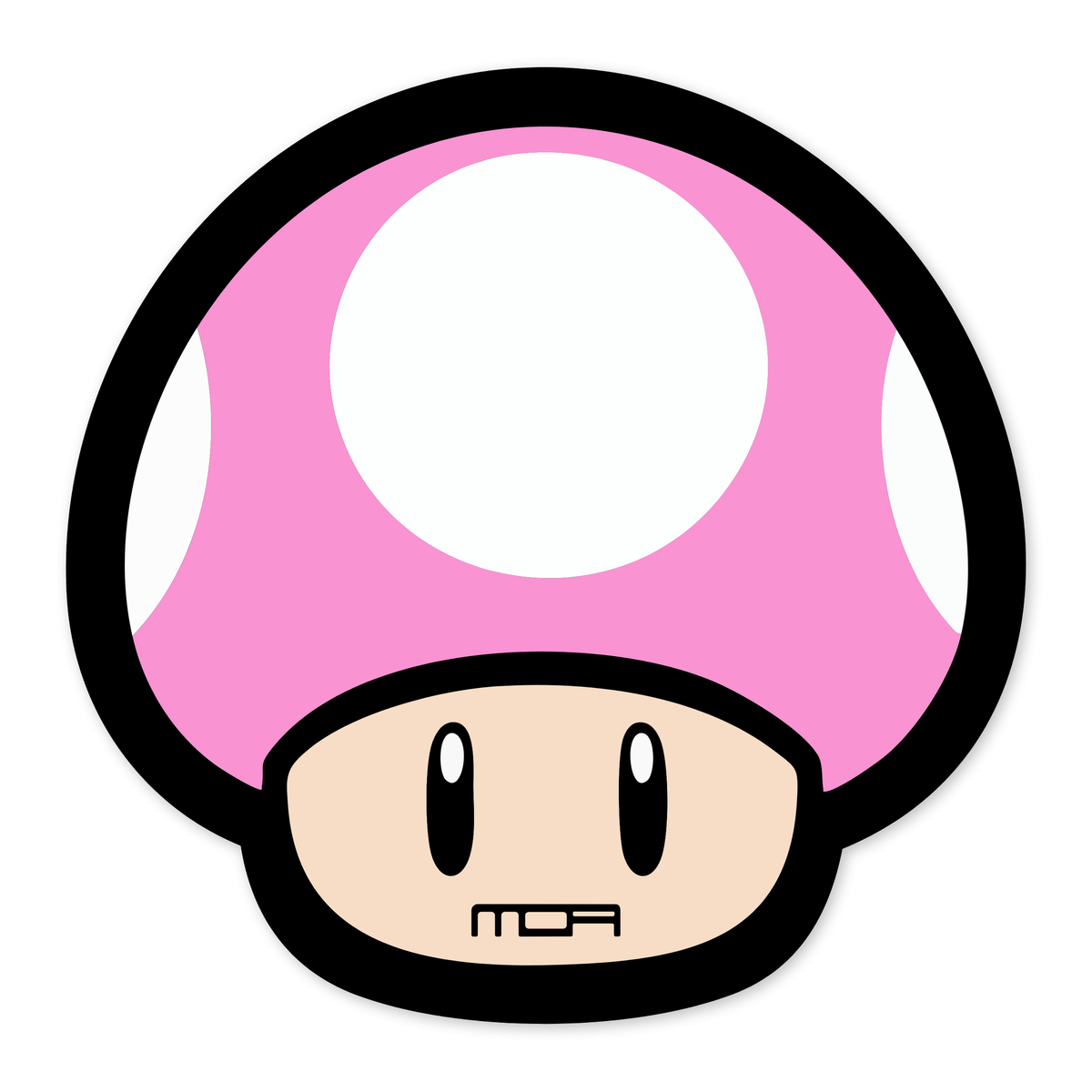 Diseño plano de una seta de sombrero rosa redondo con un óvalo blanco grande en el centro y dos más pequeños a los lados, tallo beige claro con dos ojos ovalados negros y el logotipo de MOA en la base, todo con contorno negro grueso.