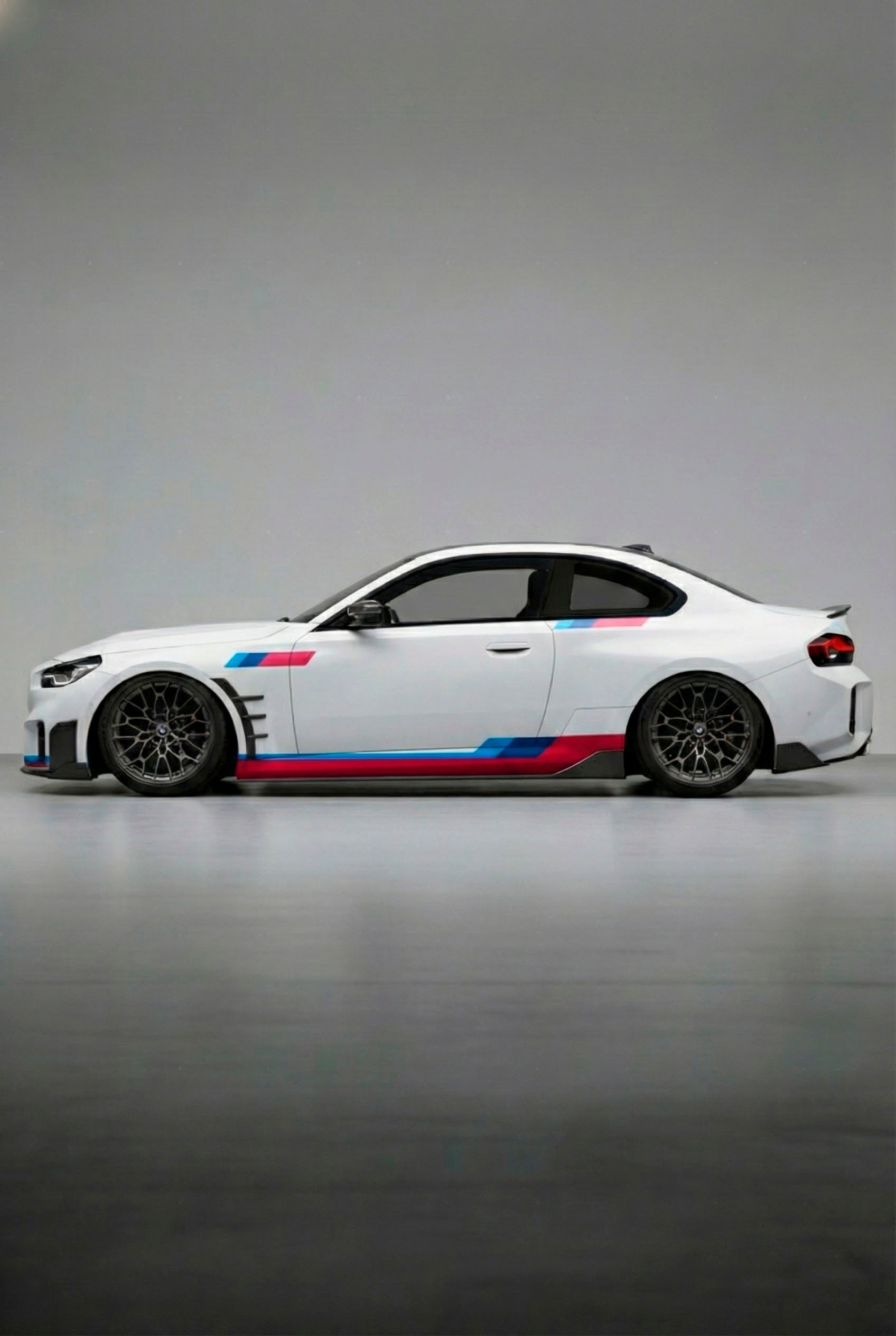 Imagen fotorrealista de un BMW con el Kit de Vinilo Líneas Dinámicas Performance. Este vinilo de alta calidad y diseño fluido mejora el aspecto lateral y aerodinámico, perfecto para tunear tu BMW de forma económica y con auto-instalación.