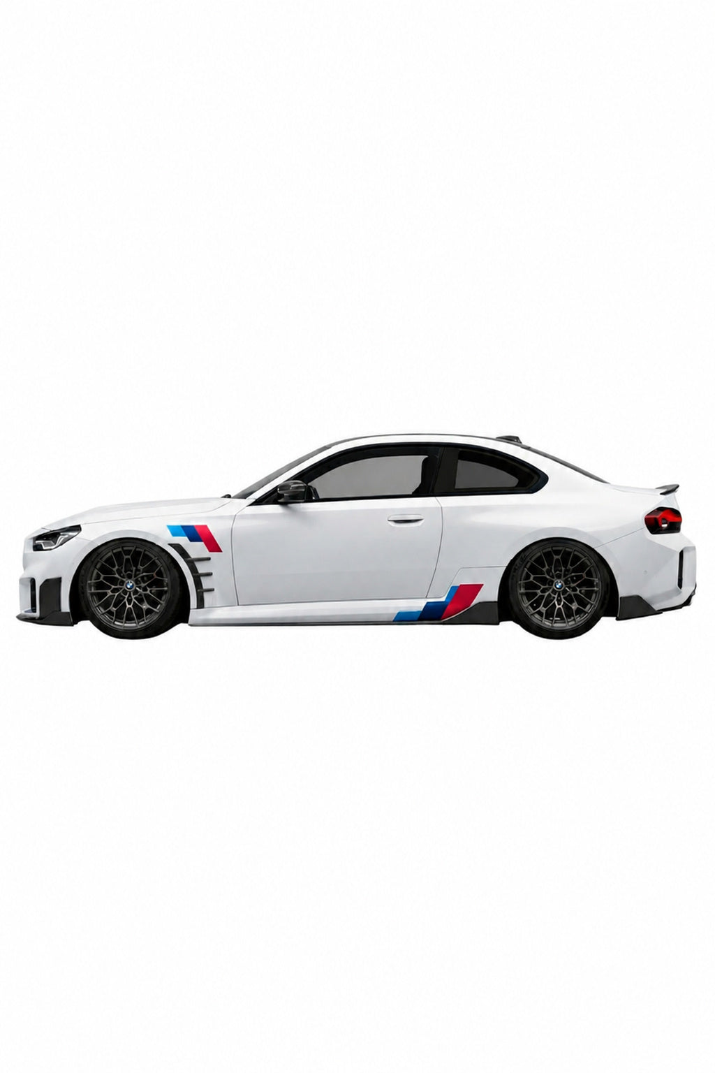 Imagen fotorrealista de un BMW luciendo el Kit de Vinilo Franjas Motorsport M-Power Clásico. Un vinilo de alta durabilidad y acabado laminado, diseñado para replicar el auténtico look de competición BMW y que puedes instalar fácilmente tú mismo (DIY).