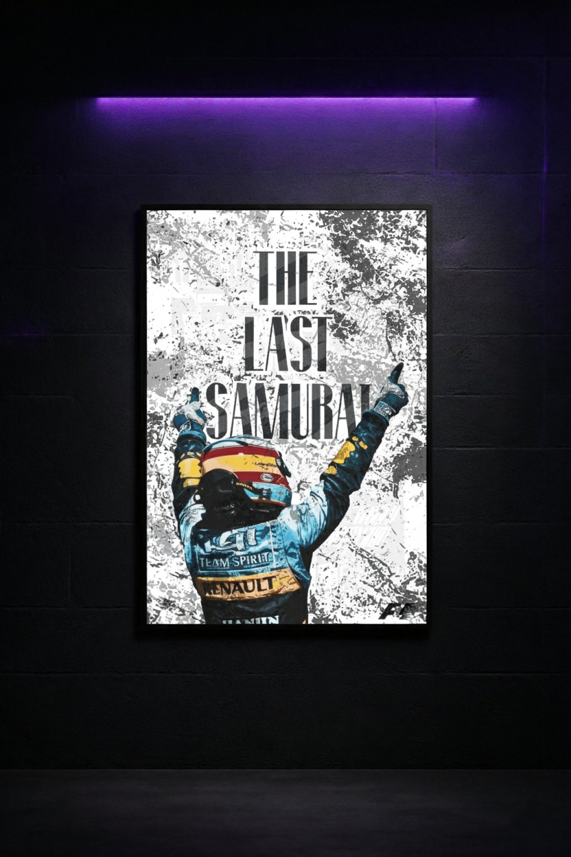 Póster de Fernando Alonso 'Magic' en ambiente de decoración moderna. Ideal para fans de la Fórmula 1 y coleccionistas de recuerdos deportivos.