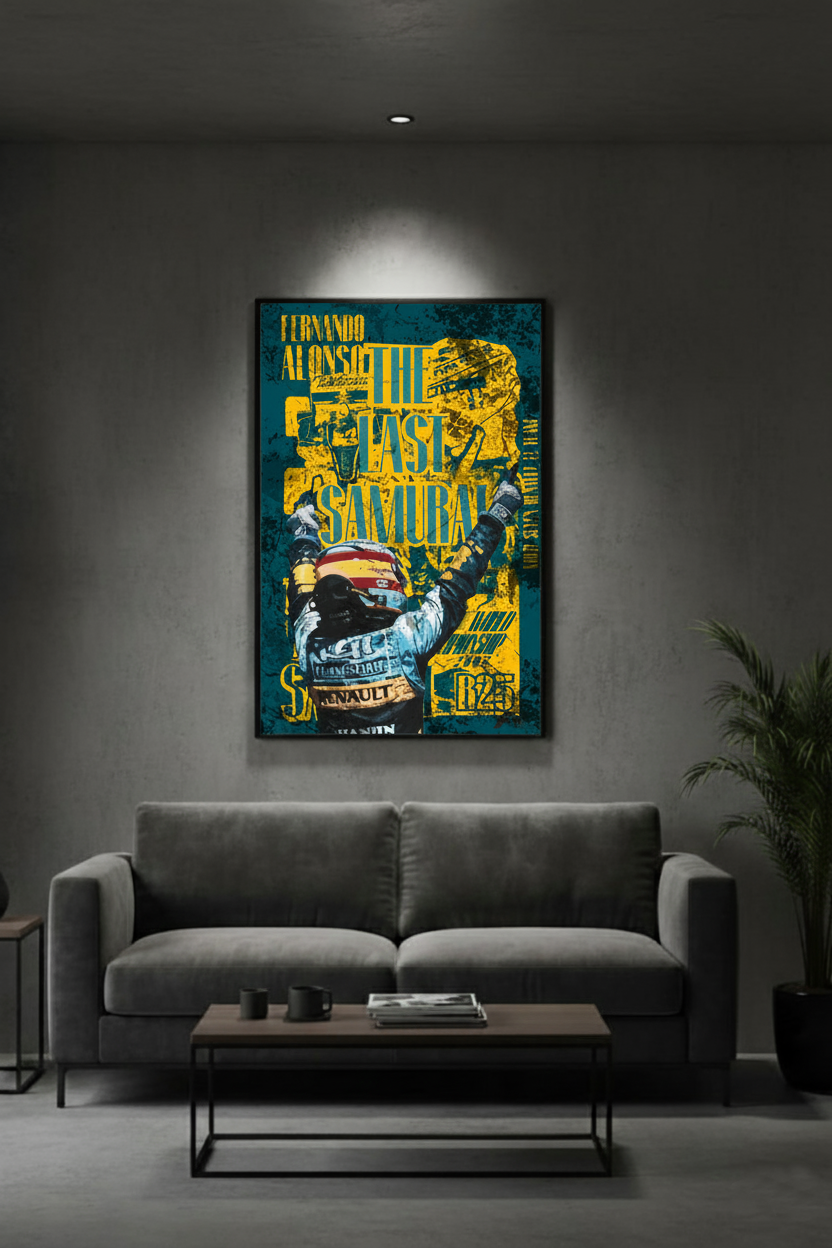Póster de Fernando Alonso, V3, en decoración de pared moderna y oscura. Arte de Fórmula 1 para coleccionistas con estilo minimalista y contrastado.