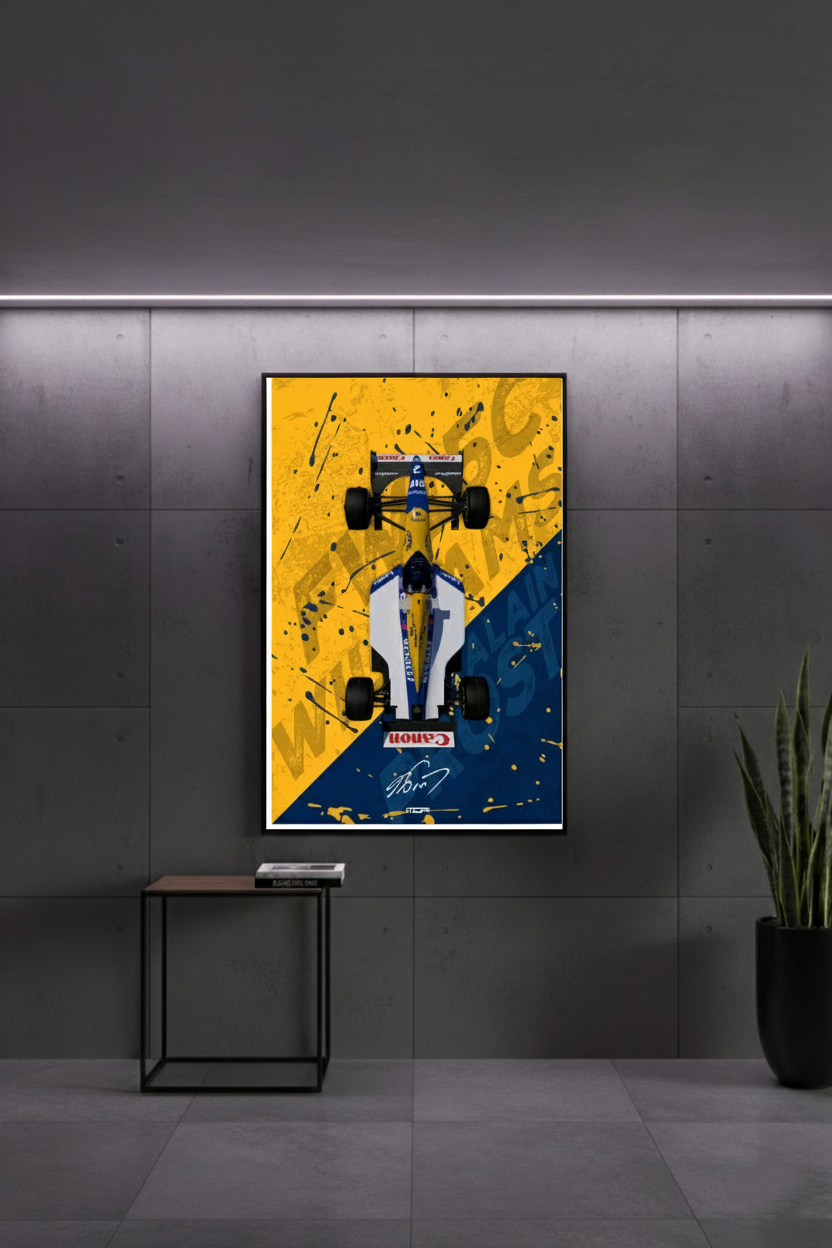 Póster de Fórmula 1 Williams FW15C de Alain Prost en contexto decorativo. Elemento de diseño para oficinas o salas temáticas de coleccionismo.