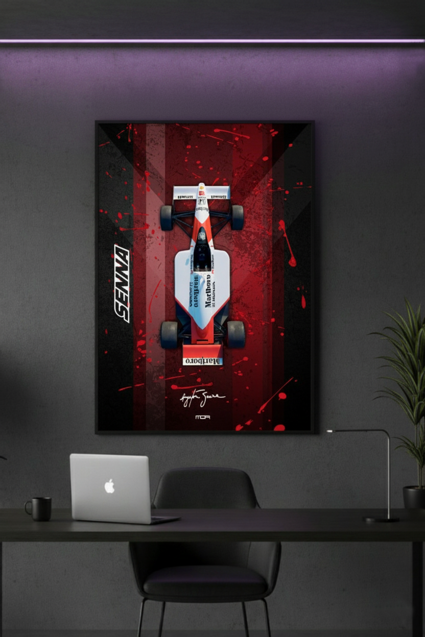 Póster de McLaren Senna con diseño de salpicaduras de color. Decoración vibrante para pared en un ambiente moderno de coleccionista automovilístico.