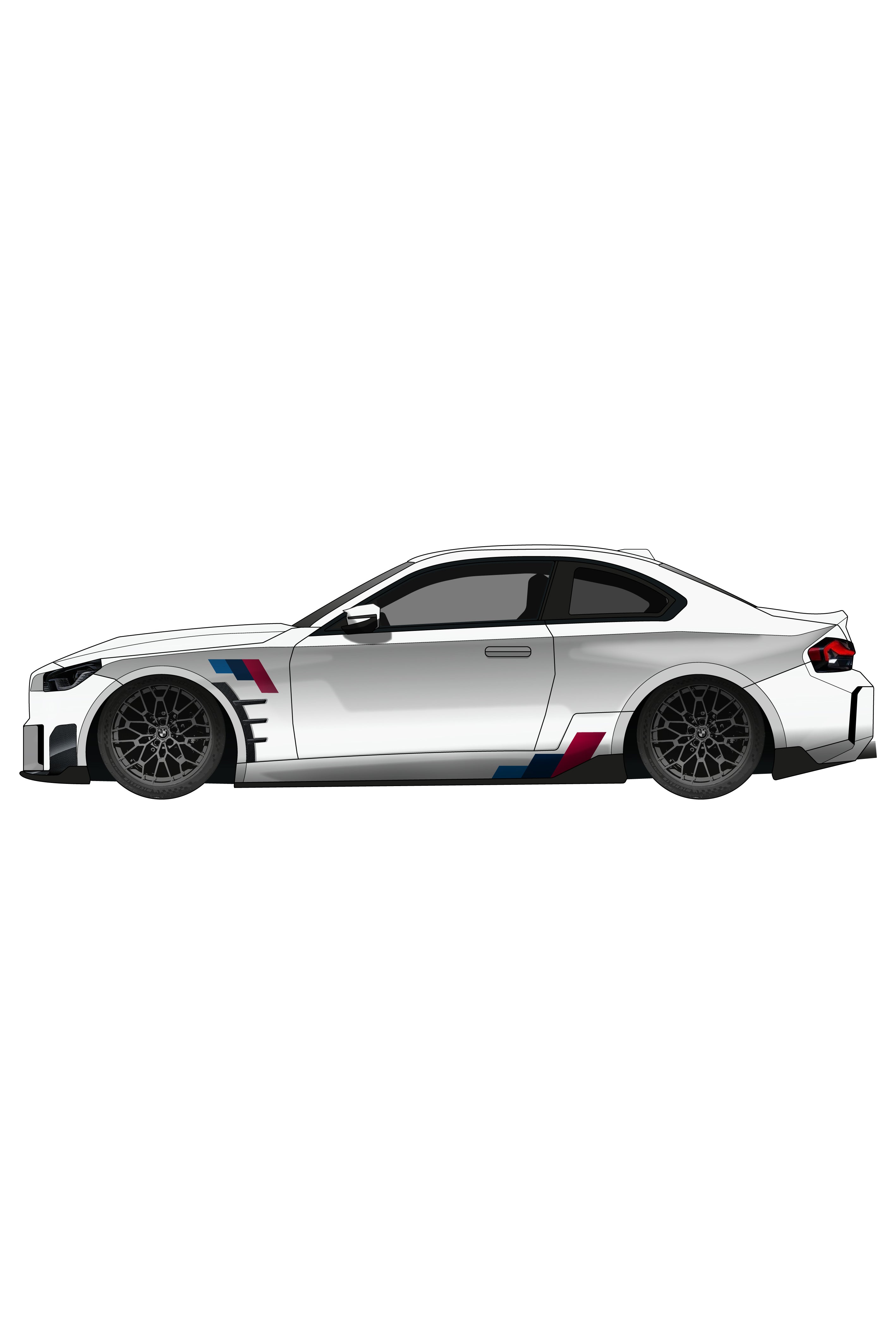 Render digital del Kit de Vinilo Franjas M-Power Motorsport aplicado en un BMW. Esta ilustración estilizada muestra el diseño antes de la compra, perfecto para simular la personalización con el vinilo adhesivo.