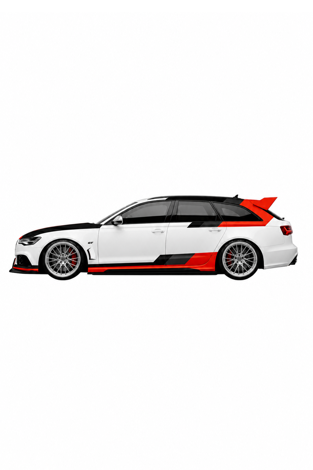 Kit de vinilo de competición instalado en Audi RS 6 Avant GT blanco. Librea deportiva y exclusiva para la edición limitada del coche familiar.