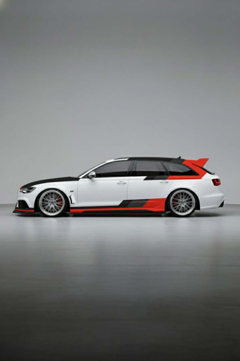 Kit de vinilo de competición instalado en Audi RS 6 Avant GT blanco. Librea deportiva y exclusiva para la edición limitada del coche familiar.