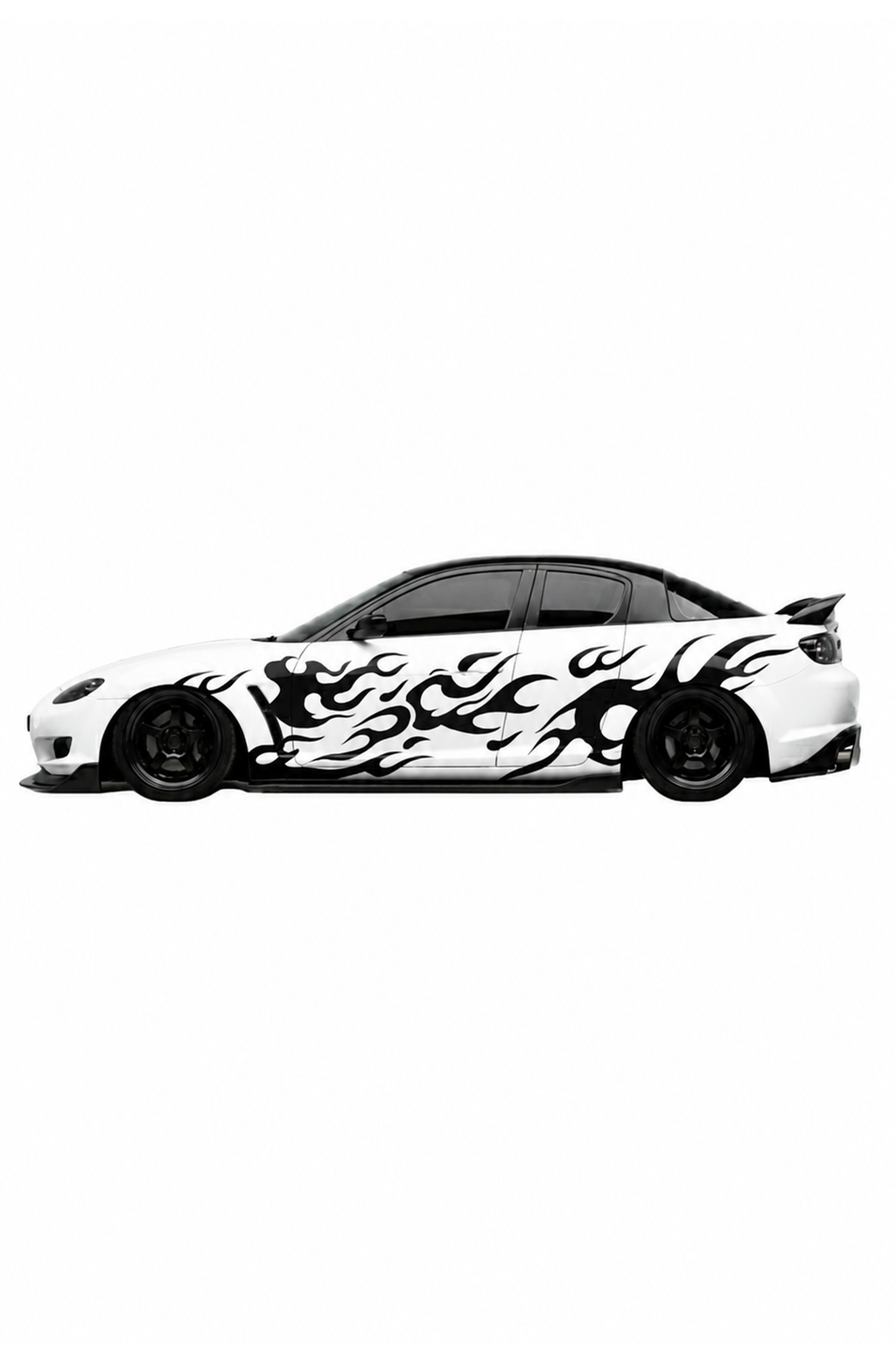 Coche con kit de vinilo Japan Black Flames instalado en el lateral. Diseño de llamas negras con estilo japonés para personalización rápida y JDM.