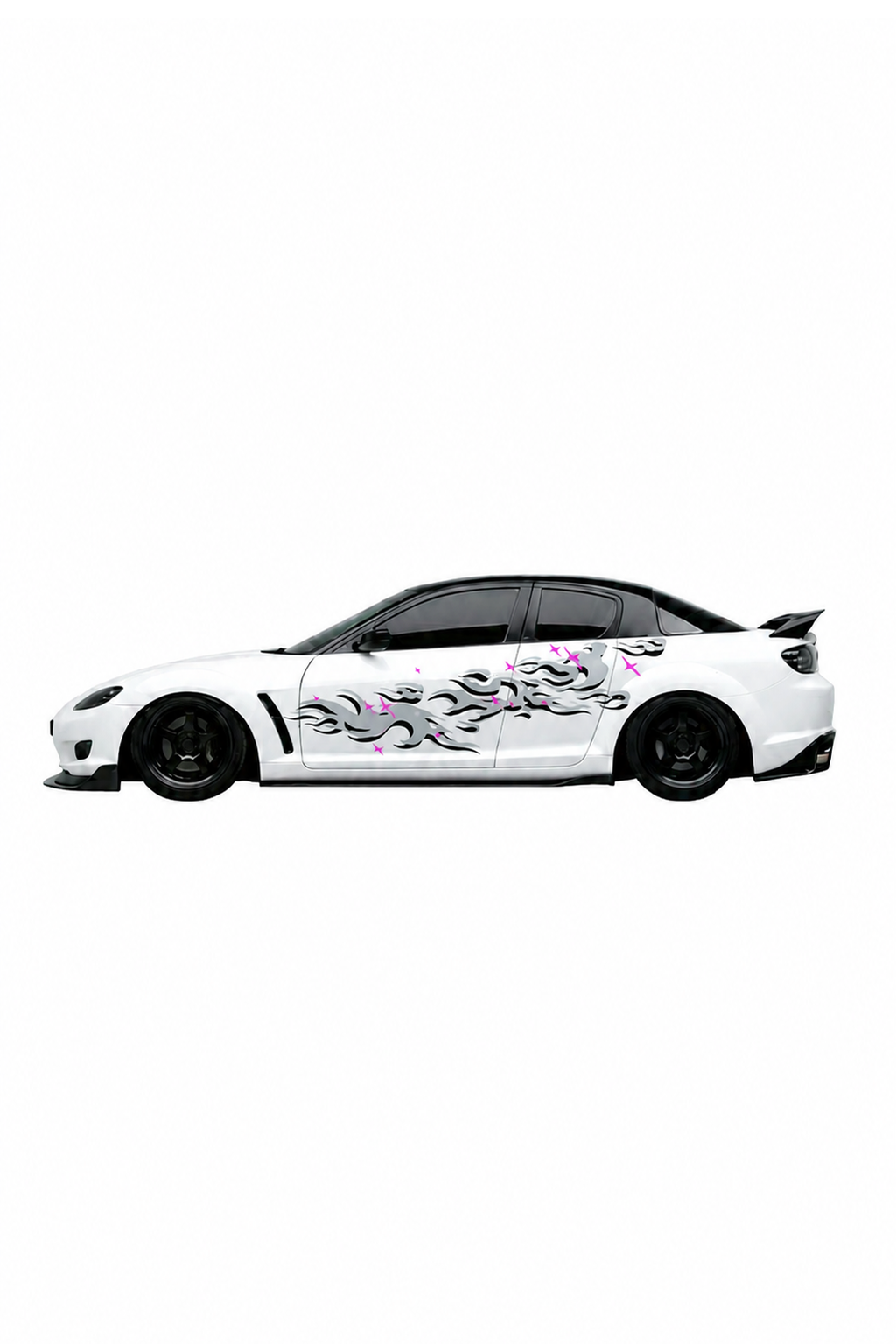 Coche con kit de vinilo Japan Grey Flames instalado en el lateral. Diseño sutil de llamas grises con estilo JDM para personalización rápida.