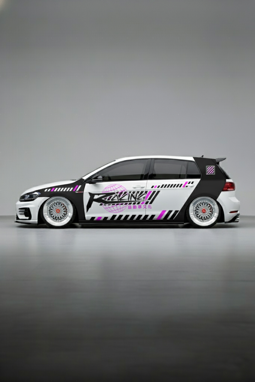 Coche con kit de vinilo Japan Racing Widebody V2 aplicado. Diseño JDM actualizado para pasos de rueda ensanchados y estilo drift de competición.