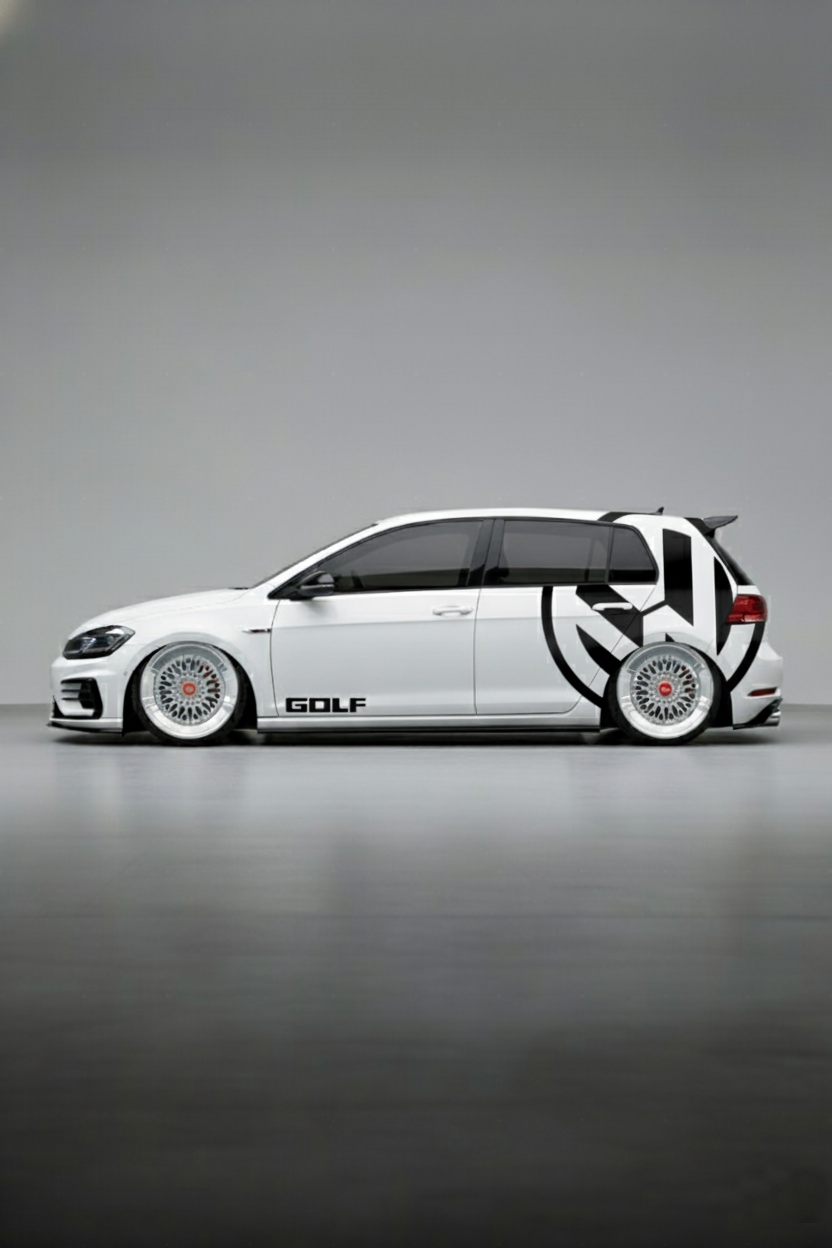 Detalle del logotipo de vinilo Golf instalado en el capó o lateral de un Volkswagen Golf. Personalización de la insignia del coche.