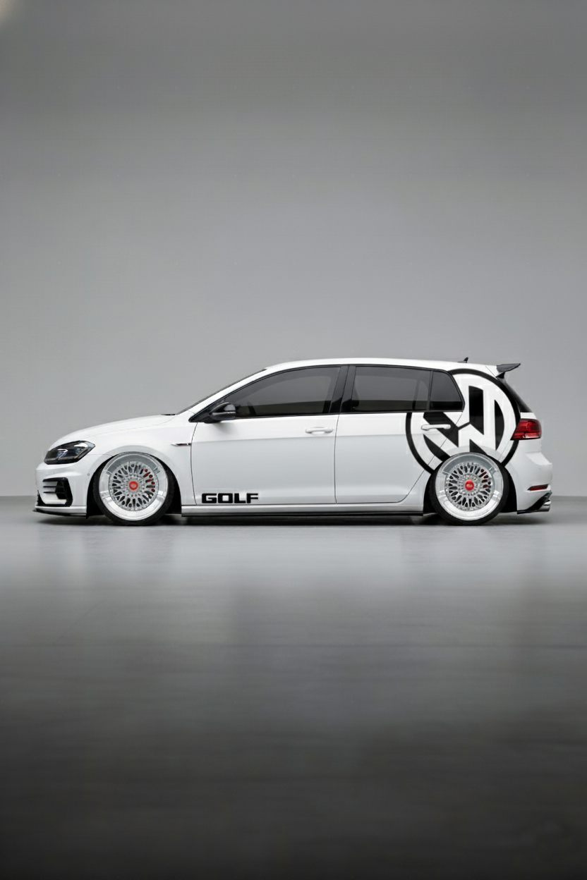 Detalle del vinilo del logotipo Golf Mini instalado en el portón trasero o lateral de un Volkswagen Golf. Personalización de la insignia del coche de forma sutil.