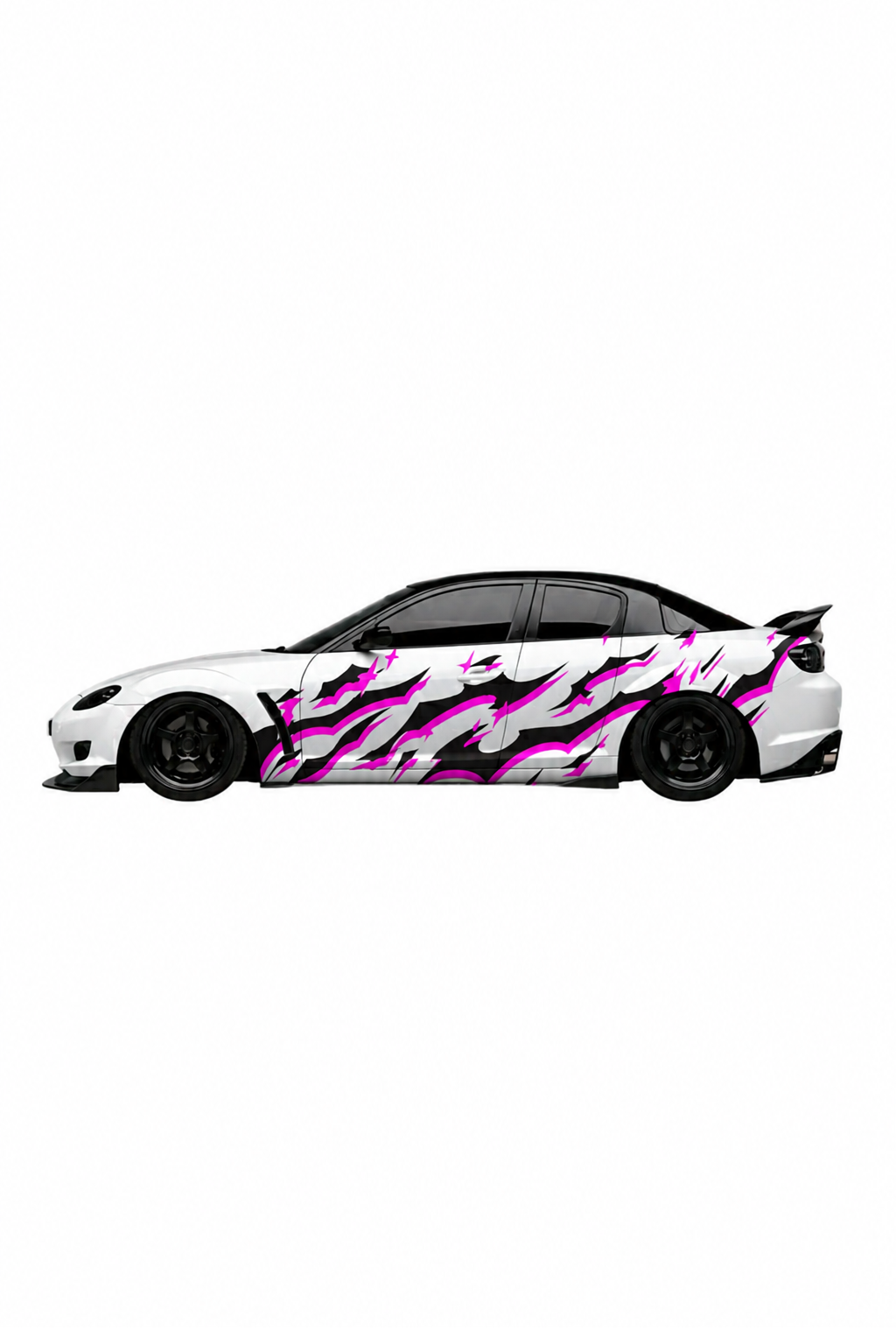 Coche deportivo con kit de vinilo tribal rosa (Pink Tribal) instalado en el lateral. Personalización automotriz vibrante y de estilo agresivo.