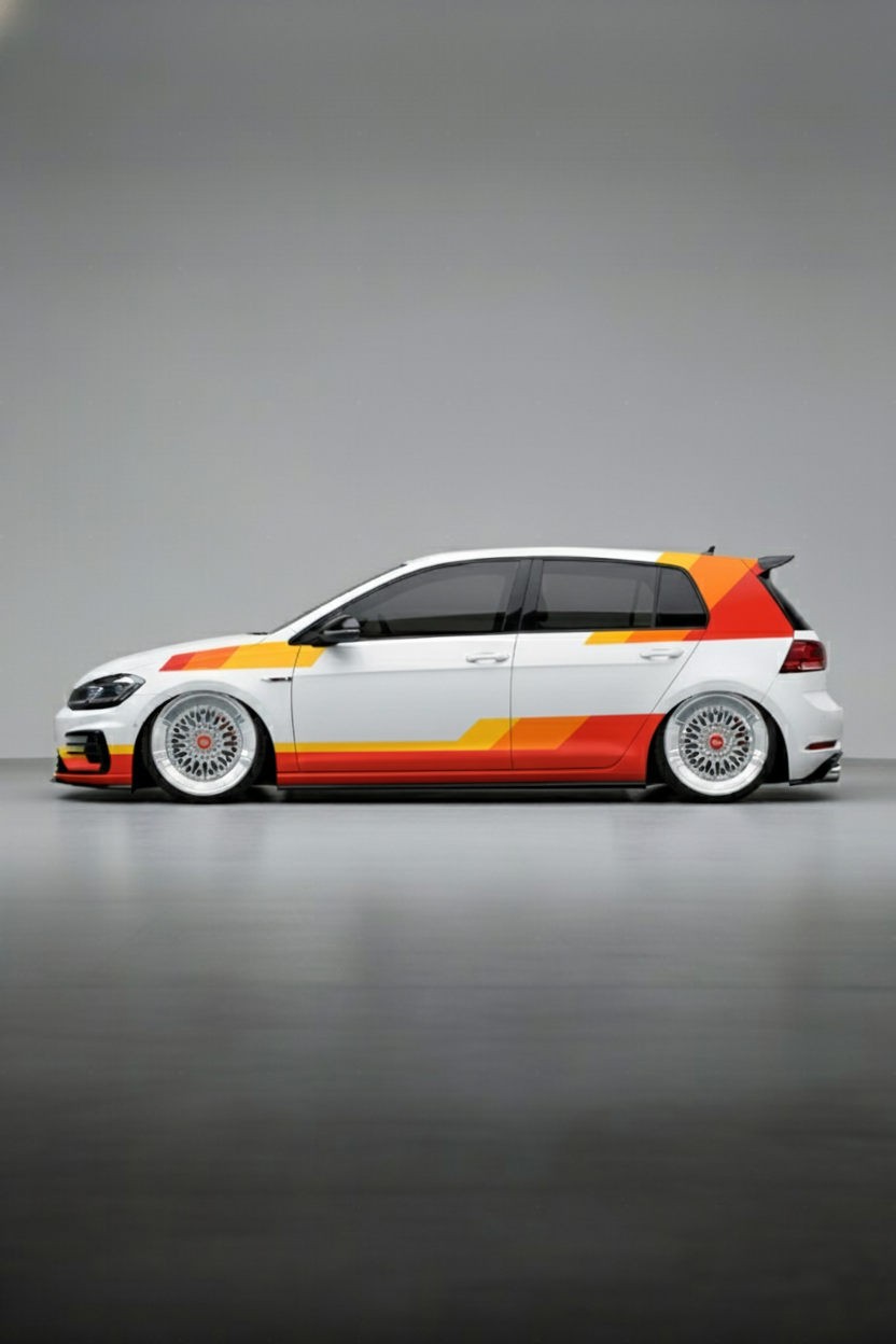 Coche con kit de vinilo Racing GT instalado en el lateral. Diseño de librea deportiva con líneas aerodinámicas para estilo Gran Turismo.