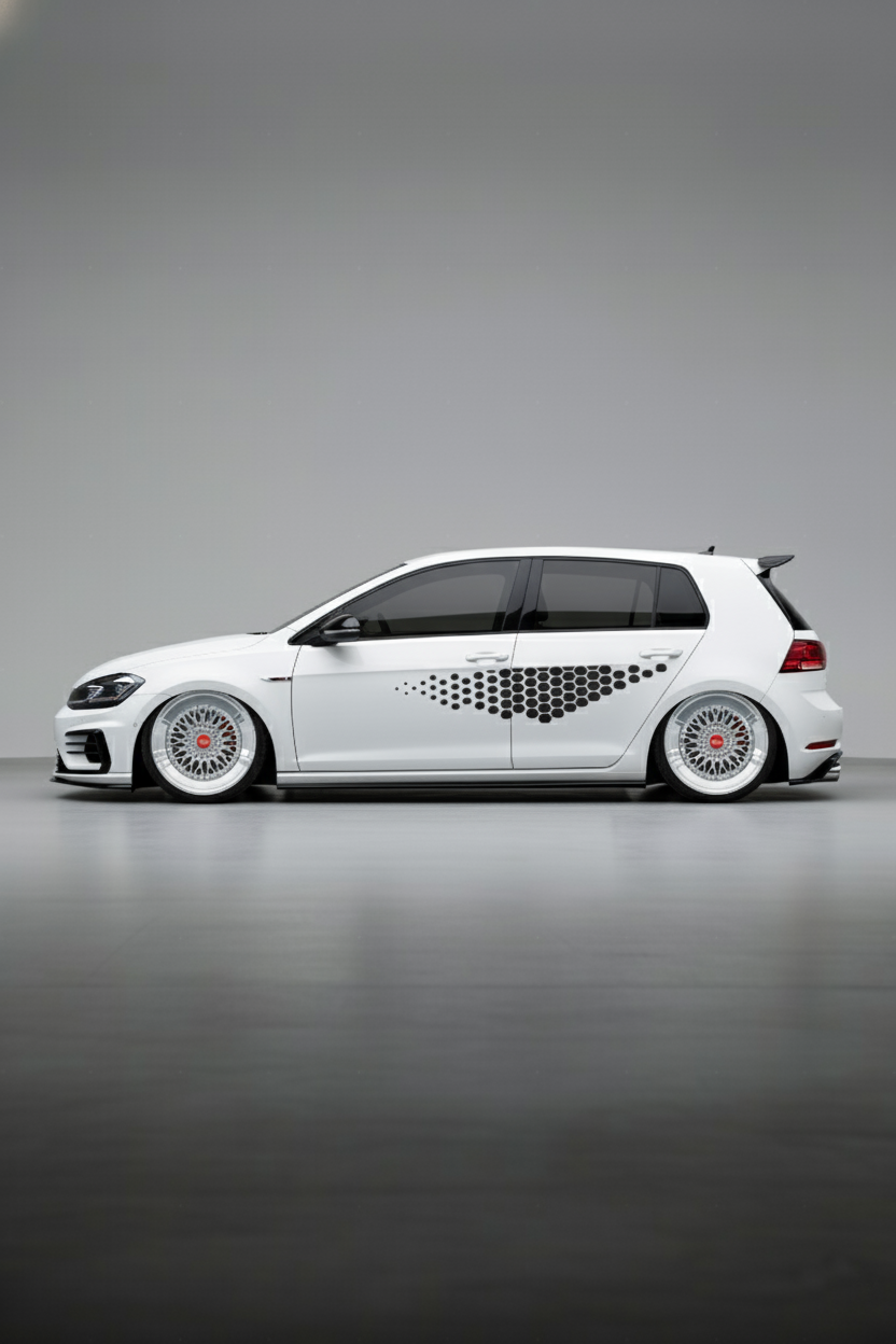 Coche con kit de vinilo de competición TCR V2 instalado. Librea geométrica agresiva con líneas de carreras, ideal para estilo Touring Car.