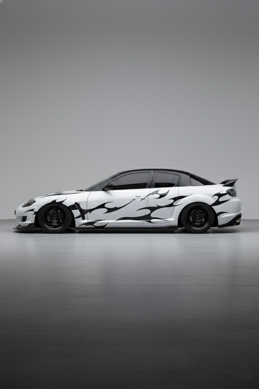 Coche con kit de vinilos tribales negros instalado en el lateral. Personalización rápida y de alto contraste para vehículos deportivos.