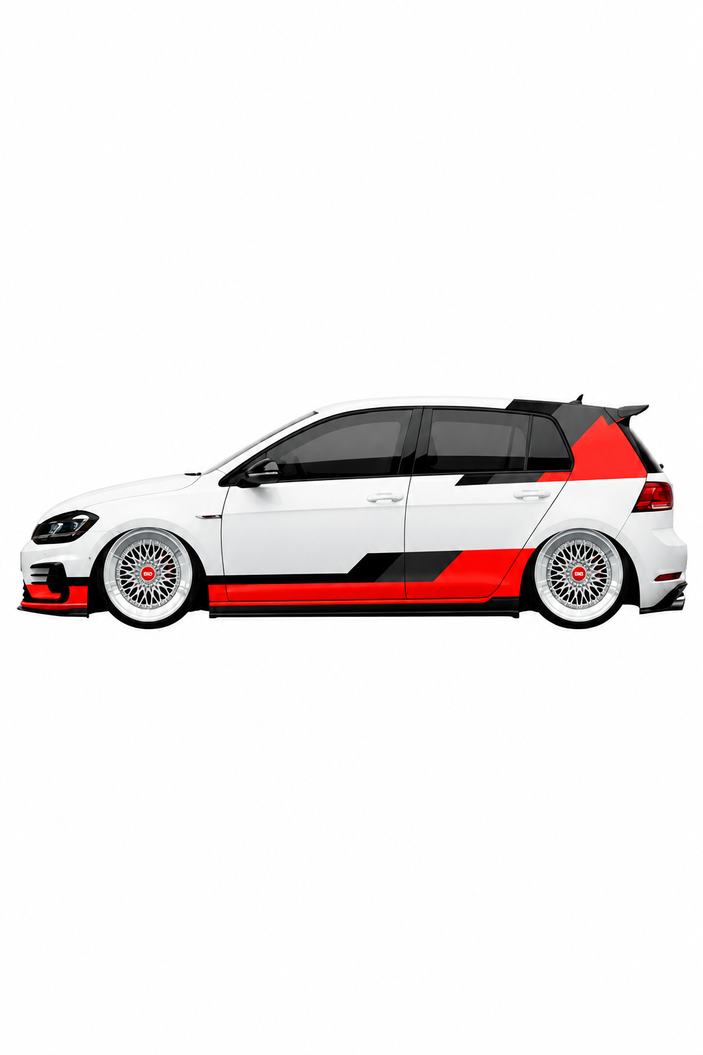 Coche Volkswagen con kit de vinilo Racing Líneas aplicado en el lateral y capó. Diseño deportivo y agresivo inspirado en la competición de VW.