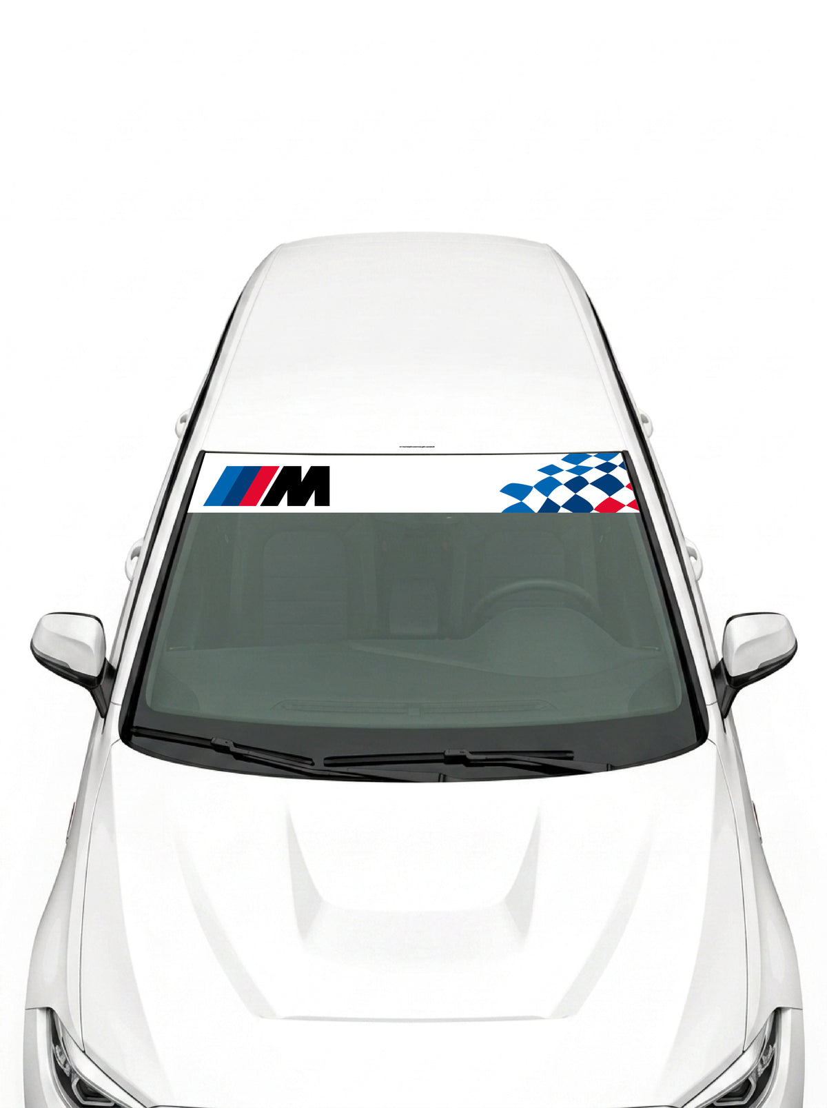 Parasol de vinilo BMW M Motorsport blanco con logo M a la izquierda y bandera a cuadros azul a la derecha, instalado en el parabrisas de un coche blanco