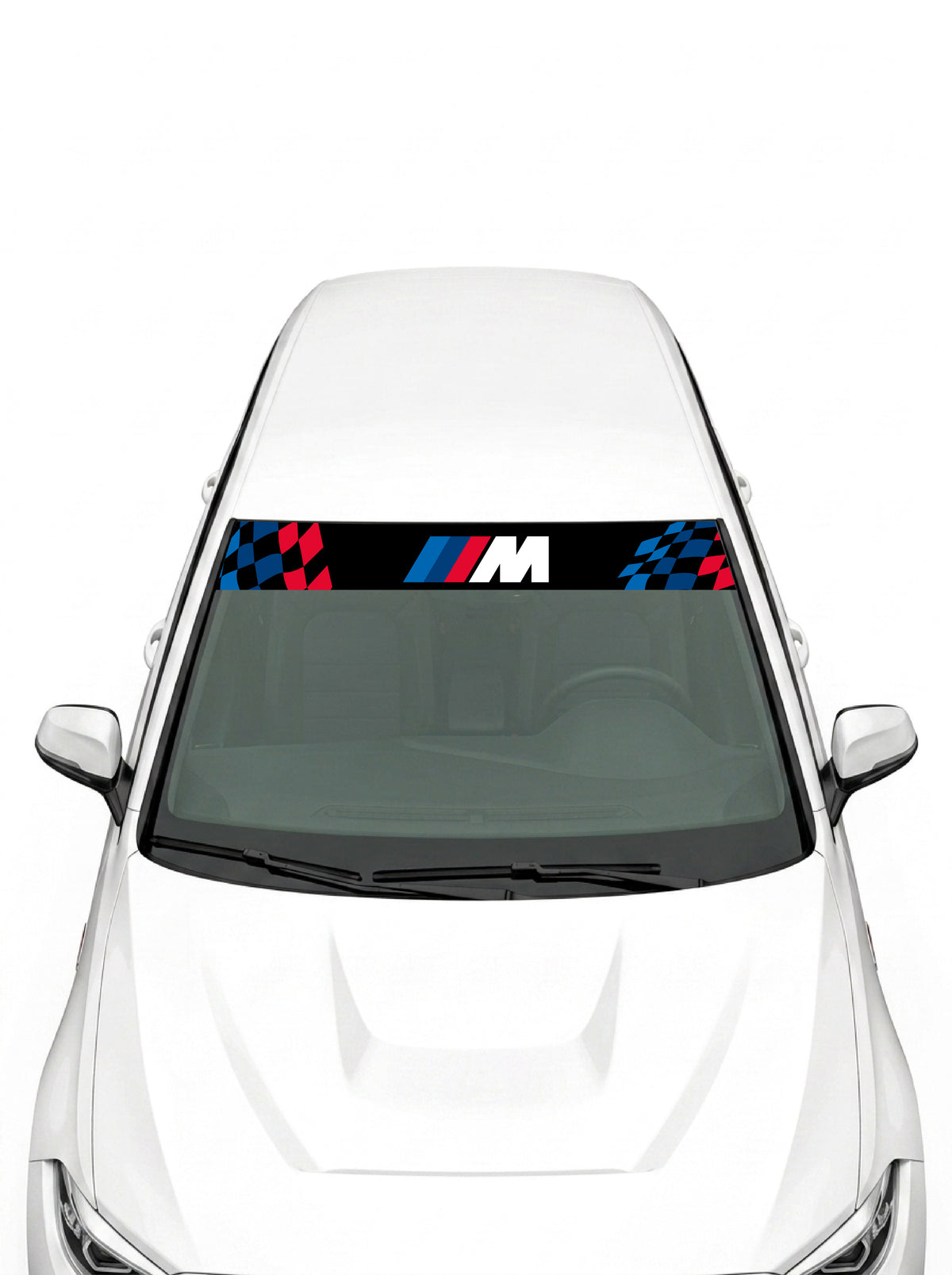 Parasol de vinilo BMW M negro con bandera a cuadros a ambos lados y logo M en el centro, instalado en el parabrisas de un coche blanco