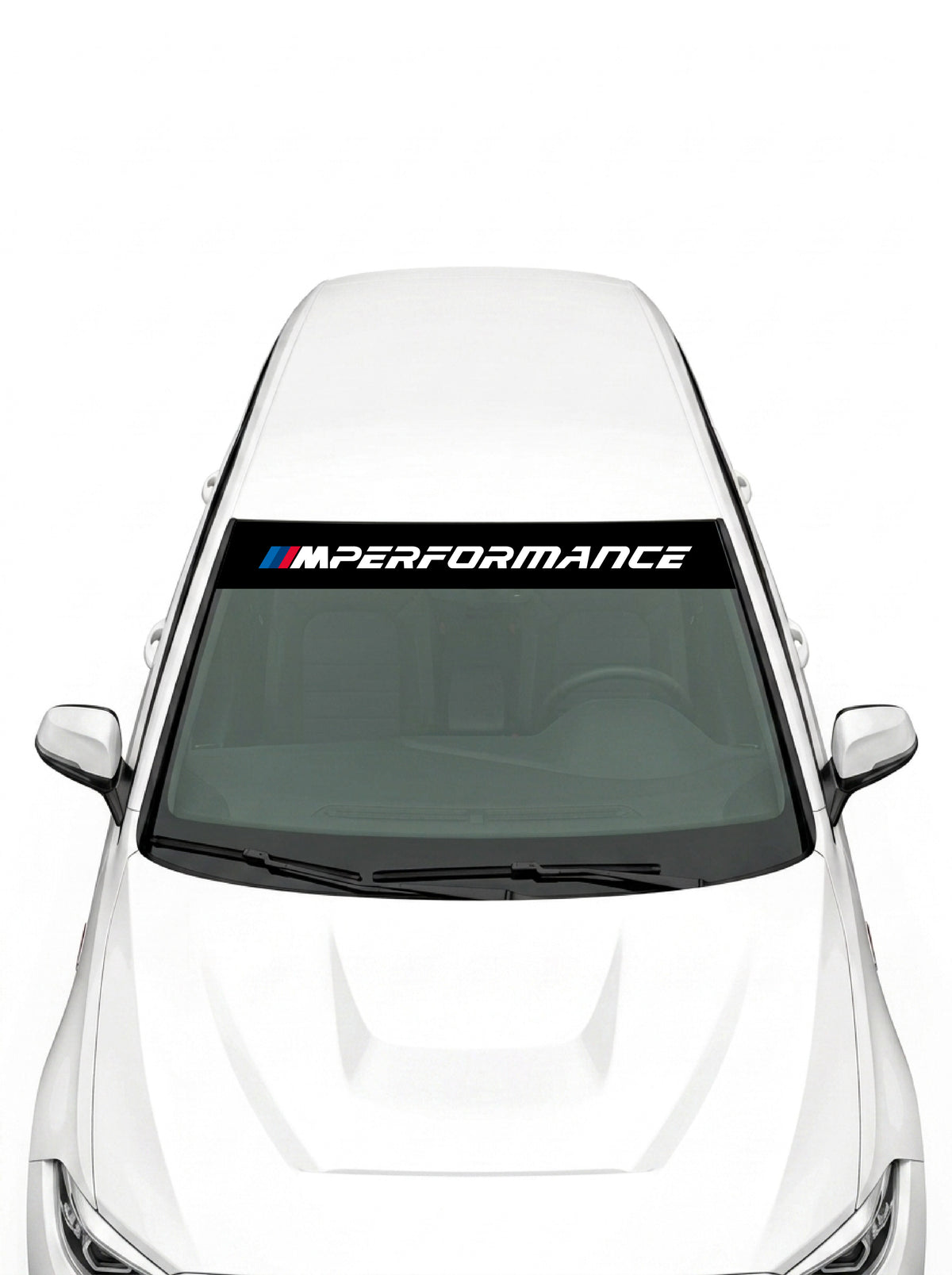 Parasol de vinilo BMW M Performance negro con el lettering MPerformance en blanco, instalado en el parabrisas de un coche blanco