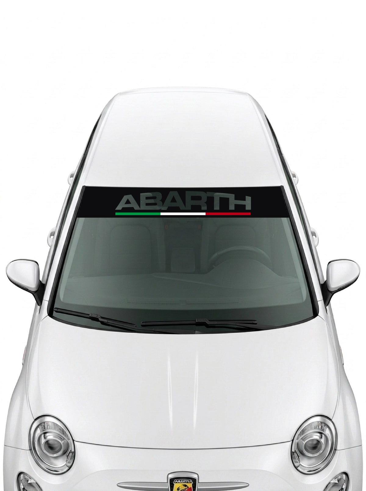 Parasol de vinilo Abarth transparente con el lettering ABARTH y la bandera de Italia, instalado en el parabrisas de un Fiat 500 blanco