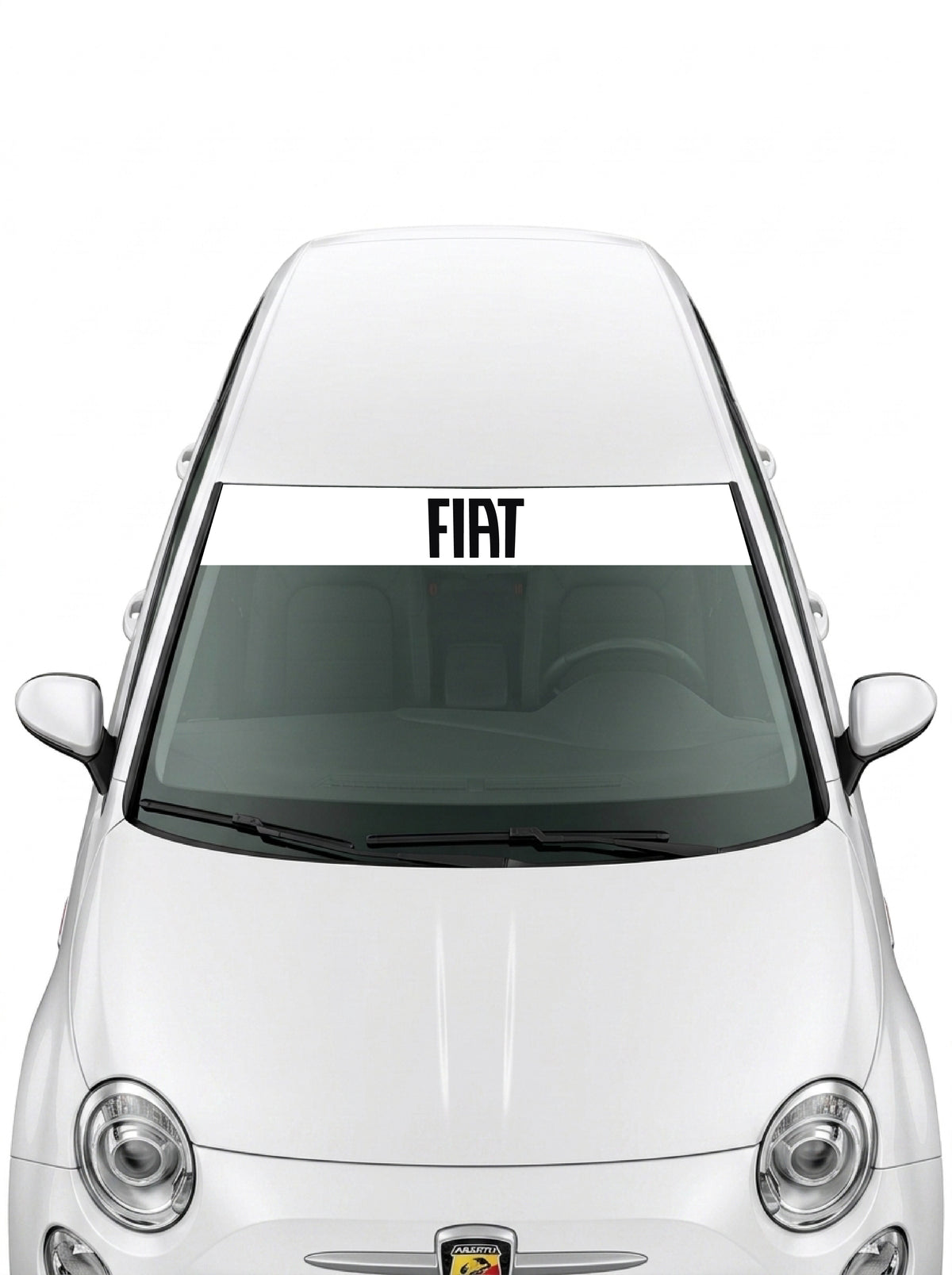 Parasol de vinilo Fiat blanco con el lettering FIAT en negro, instalado en el parabrisas de un Fiat 500 blanco