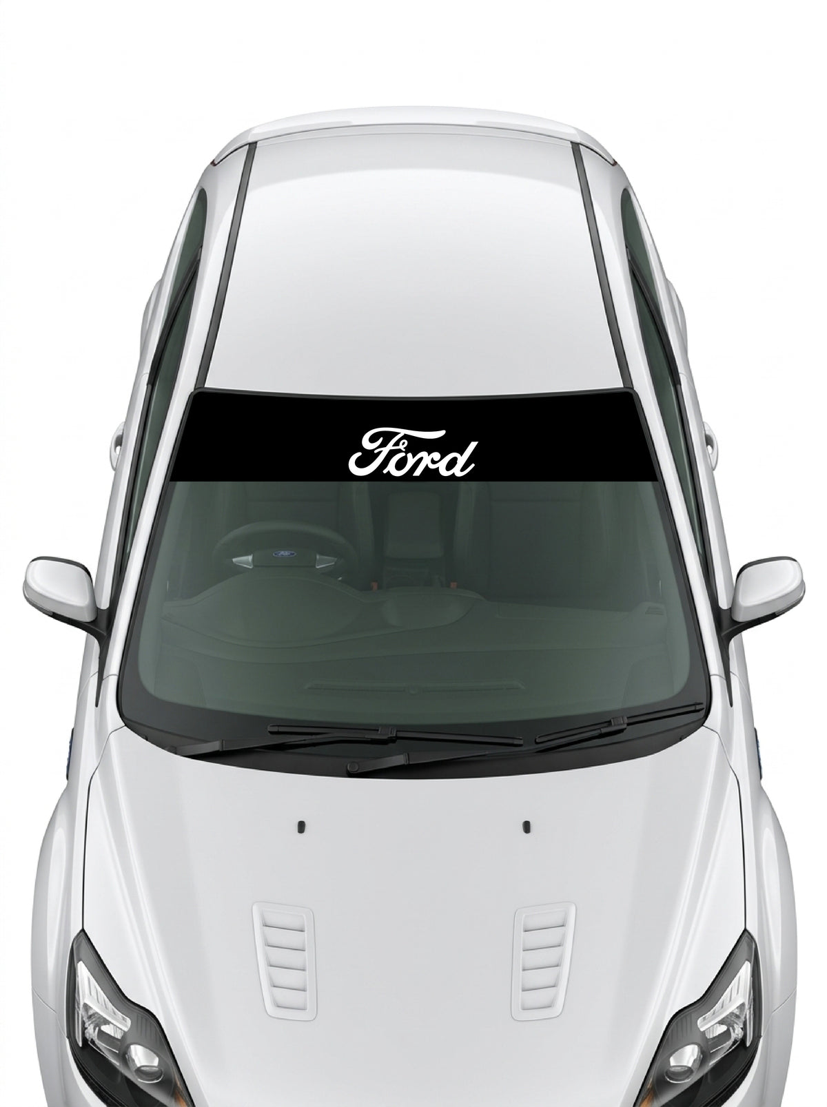 Parasol de vinilo Ford negro con el lettering Ford en blanco centrado, instalado en el parabrisas de un Ford blanco