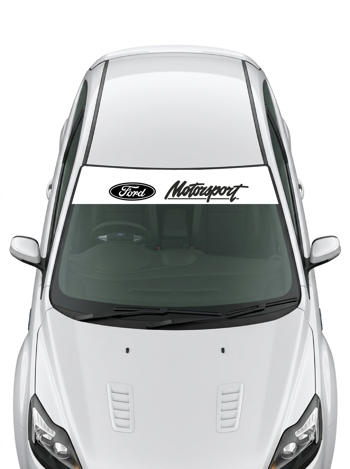 Parasol de vinilo Ford Motorsport blanco con el ovalo y el lettering en negro, instalado en el parabrisas de un Ford blanco