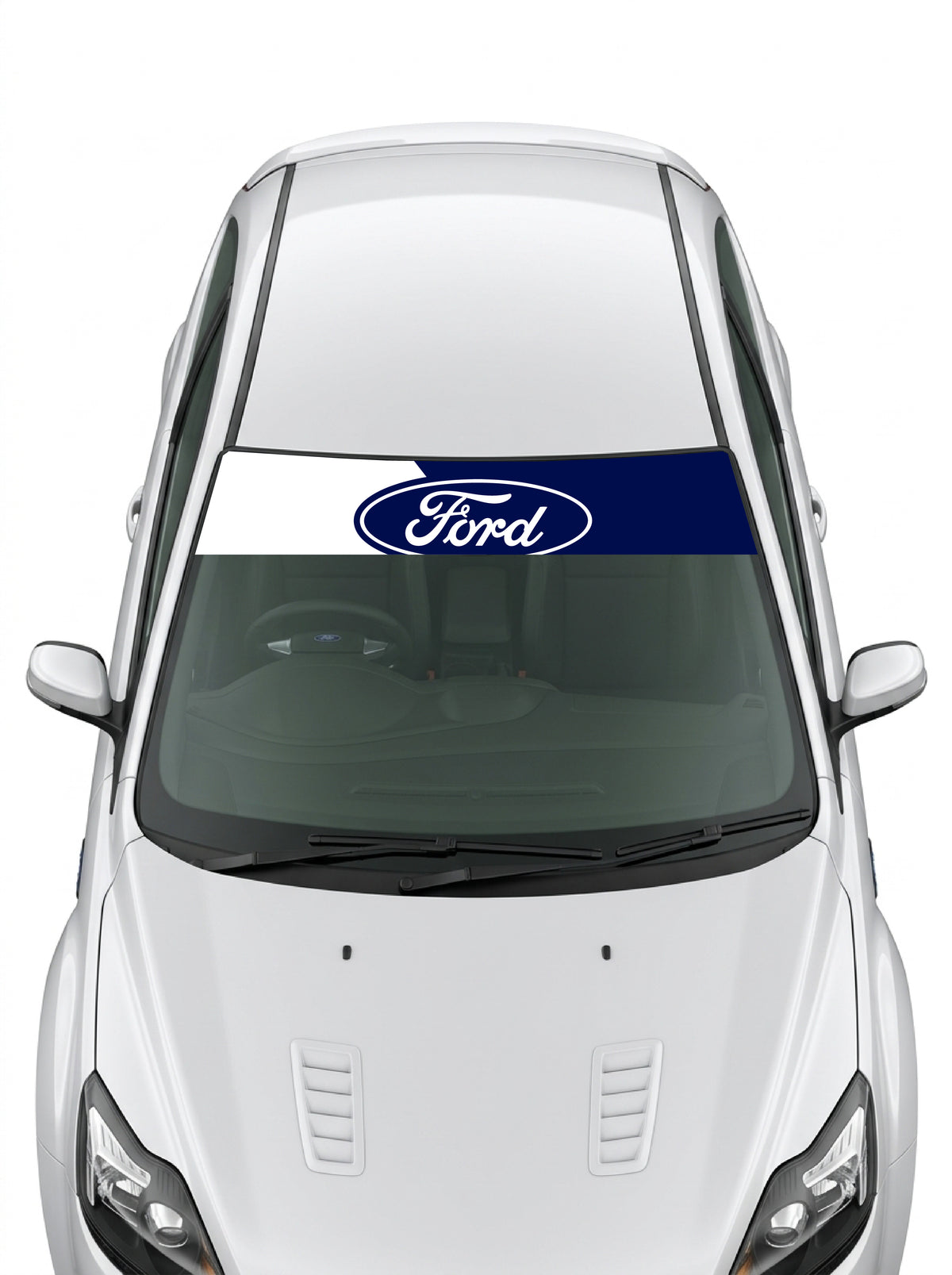 Parasol de vinilo Ford bicolor blanco y azul marino con el ovalo Ford blanco, instalado en el parabrisas de un Ford blanco