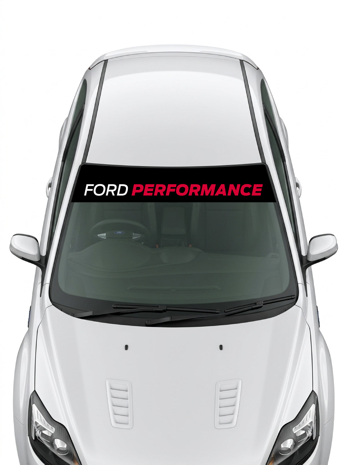 Parasol de vinilo Ford Performance negro con FORD en blanco y PERFORMANCE en rojo, instalado en el parabrisas de un Ford blanco