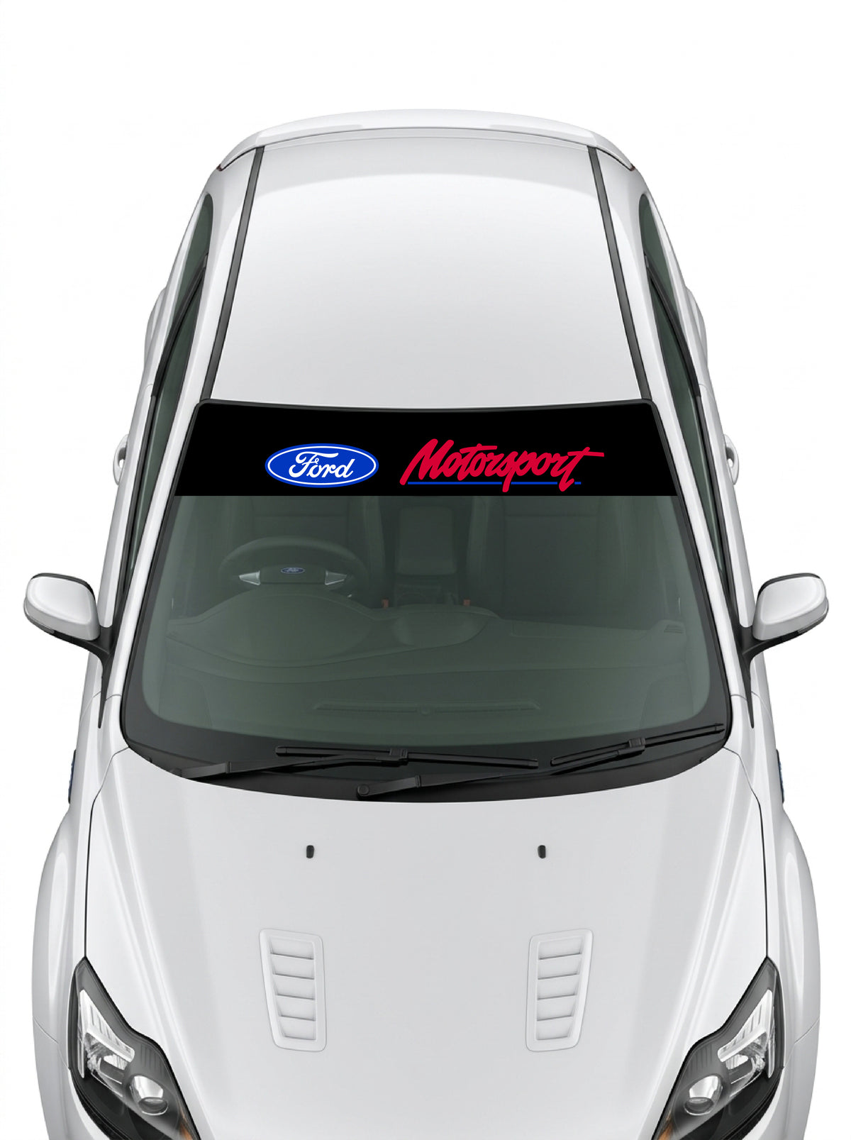 Parasol de vinilo Ford Motorsport negro con el ovalo y el lettering enmarcados en un sello racing, instalado en el parabrisas de un Ford blanco