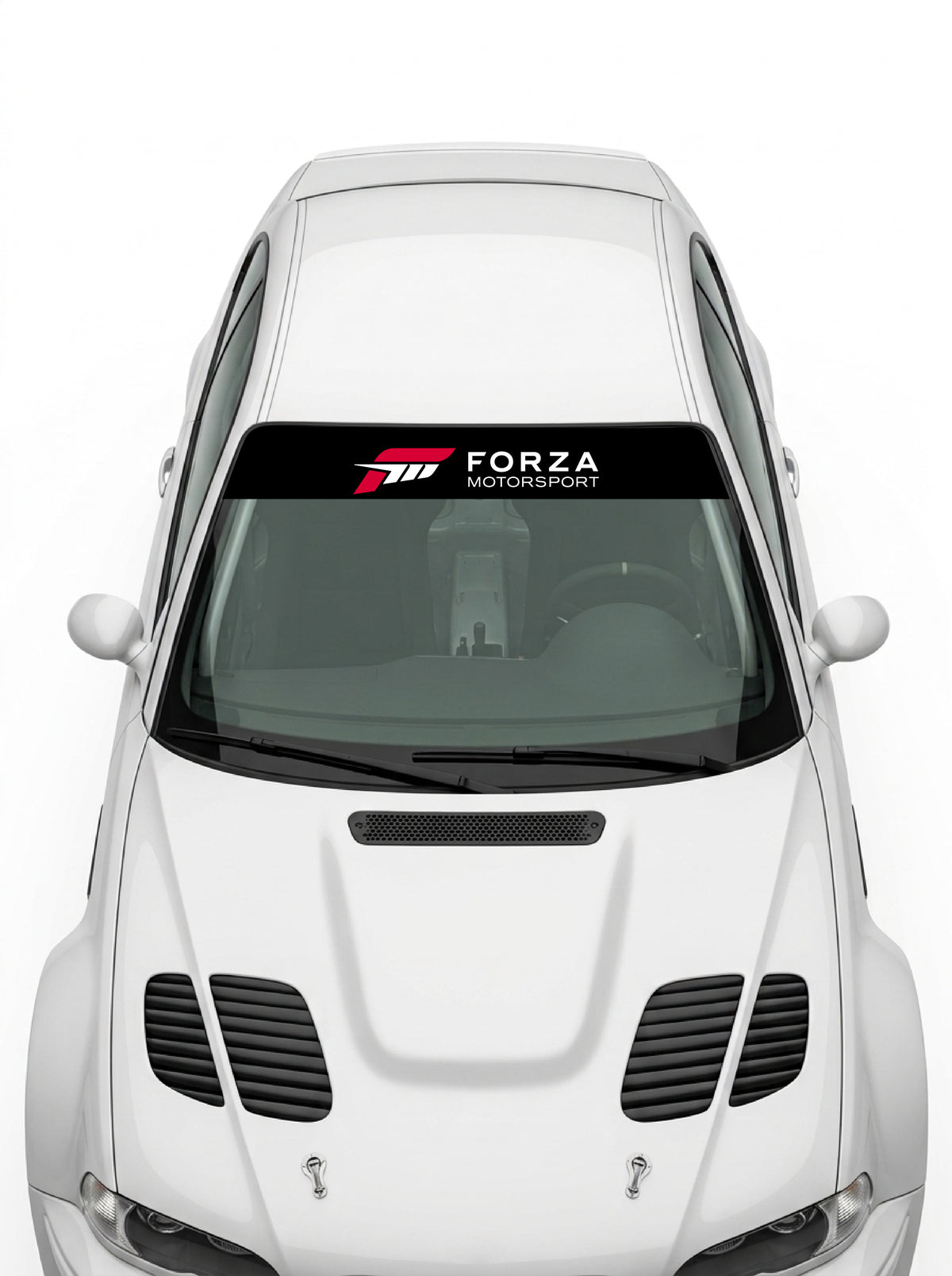 Coche con el parasol de vinilo Forza Motorsport negro con el lettering FORZA MOTORSPORT en blanco instalado en el parabrisas