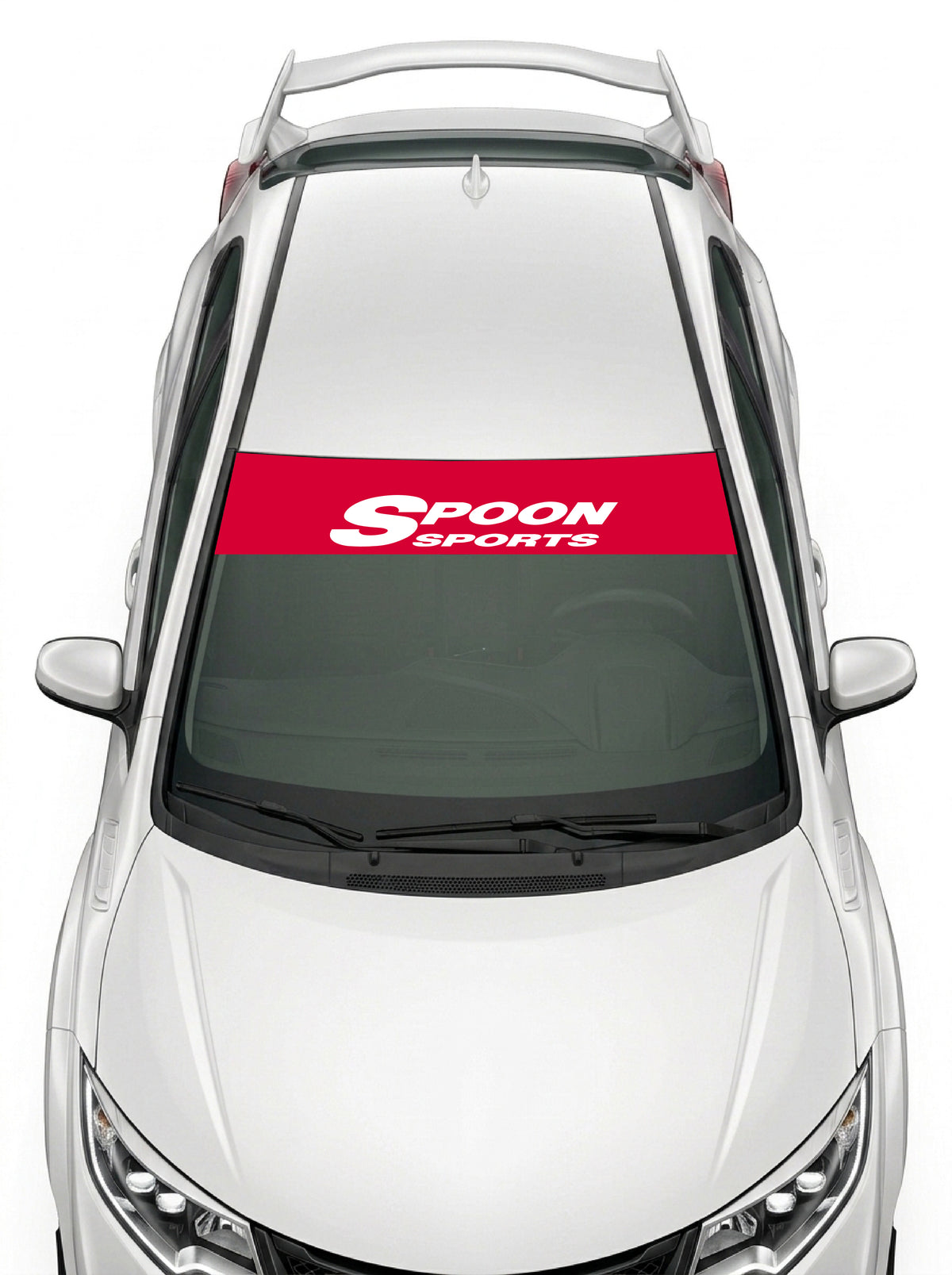 Parasol de vinilo Honda rojo con el logotipo del preparador Spoon Sports en blanco, instalado en el parabrisas de un Honda Civic blanco