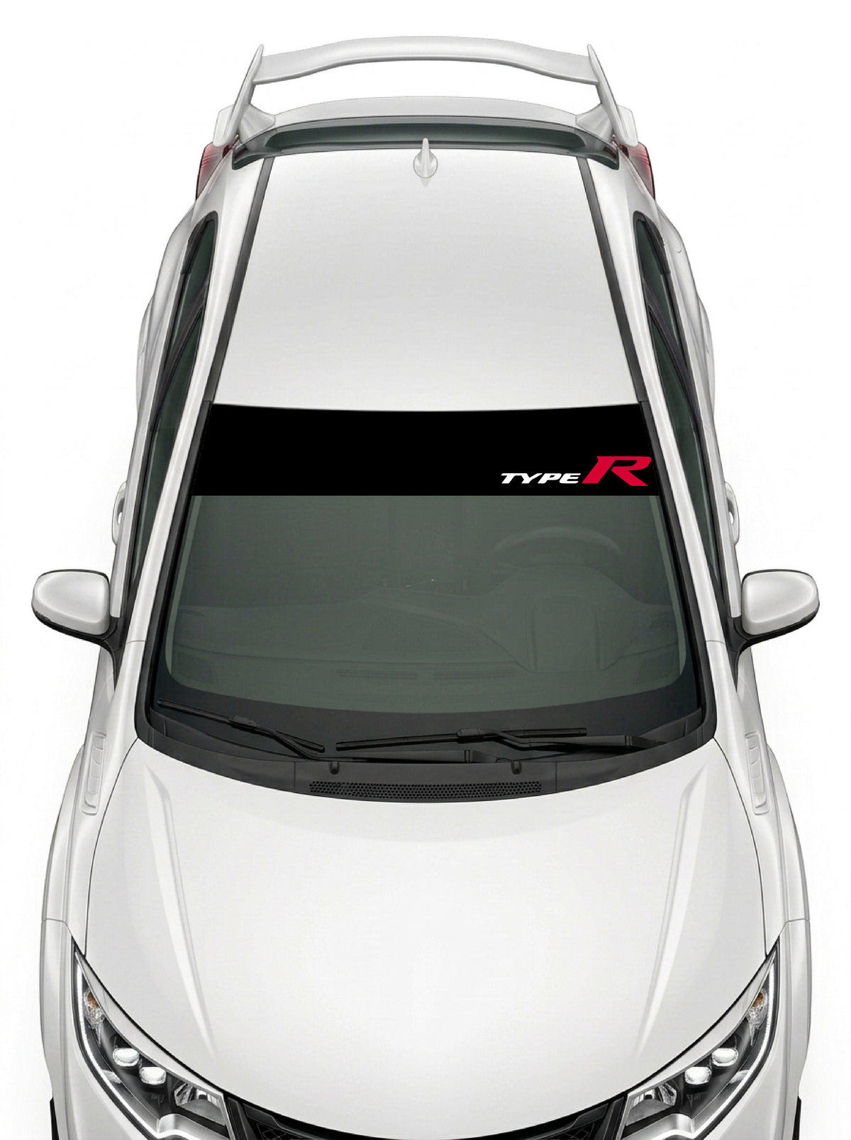 Parasol de vinilo Honda Type R negro con el logotipo lateral en rojo y blanco, instalado en el parabrisas de un Honda Civic blanco