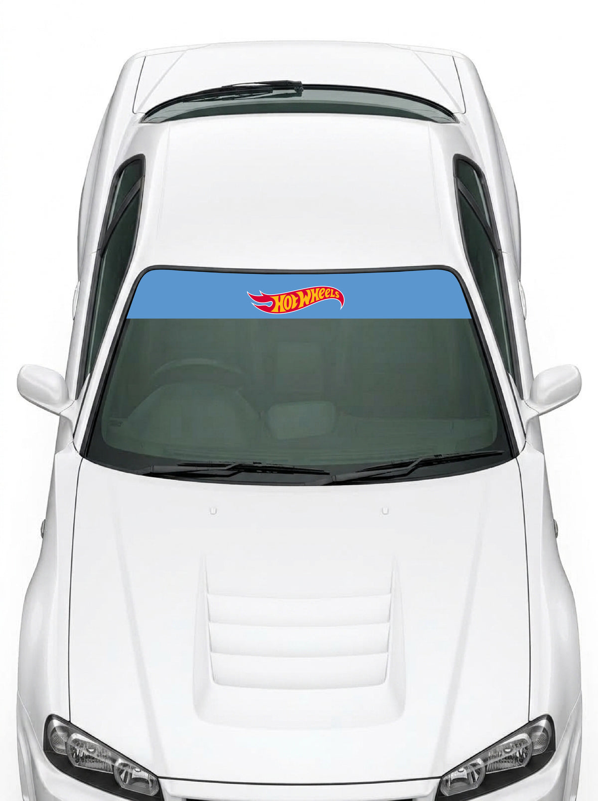 Coche con el parasol de vinilo Hot Wheels azul celeste con el logotipo de la llama en rojo y amarillo instalado en el parabrisas