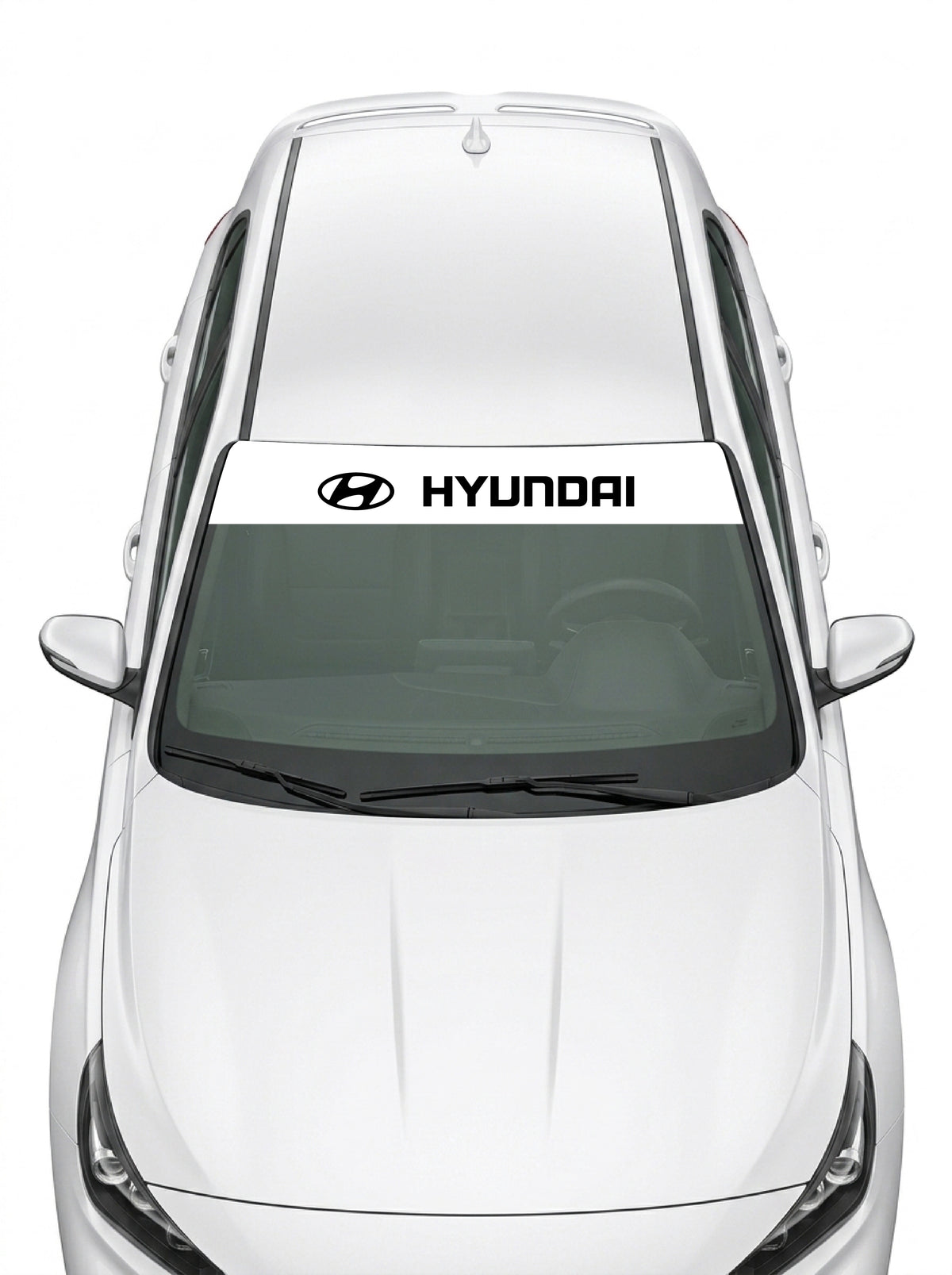 Parasol de vinilo Hyundai blanco con el emblema oval y el lettering HYUNDAI en negro, instalado en el parabrisas de un Hyundai blanco