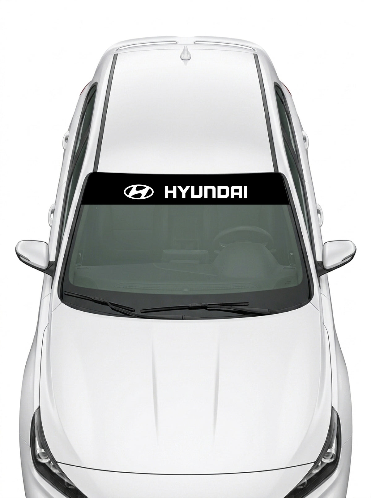 Parasol de vinilo Hyundai negro con el emblema oval y el lettering HYUNDAI en blanco, instalado en el parabrisas de un Hyundai blanco