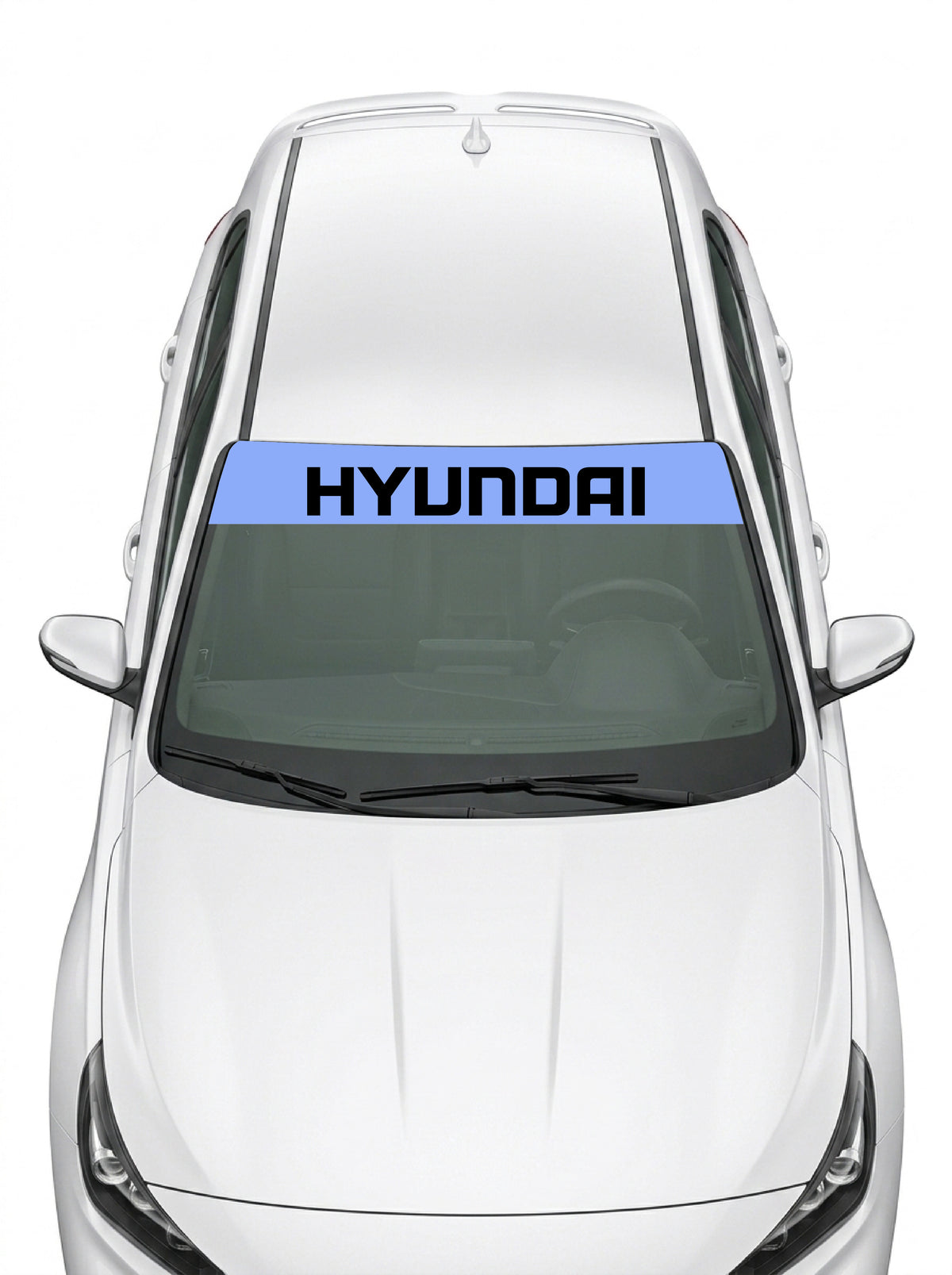 Parasol de vinilo Hyundai azul con el lettering HYUNDAI en negro, instalado en el parabrisas de un Hyundai blanco