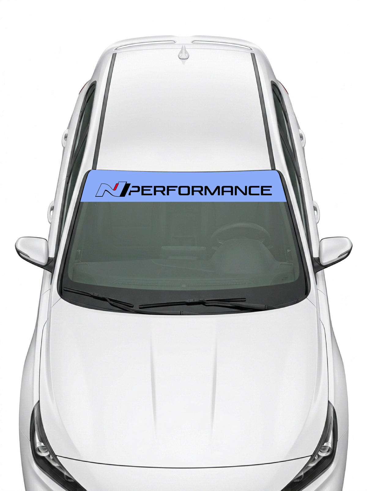 Parasol de vinilo Hyundai N Performance azul con el lettering en blanco, instalado en el parabrisas de un Hyundai blanco
