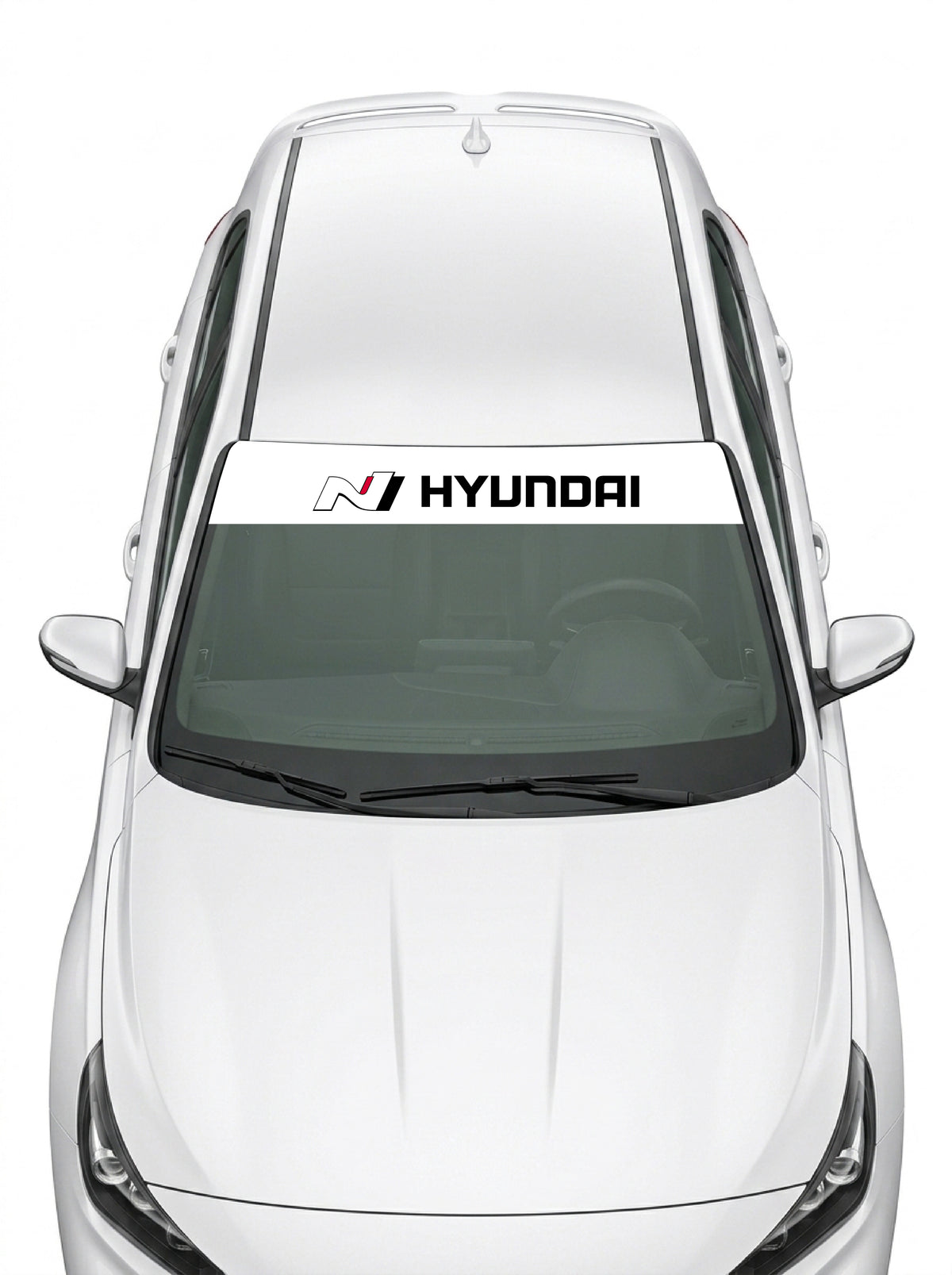 Parasol de vinilo Hyundai N blanco con el logo N y el lettering HYUNDAI, instalado en el parabrisas de un Hyundai blanco