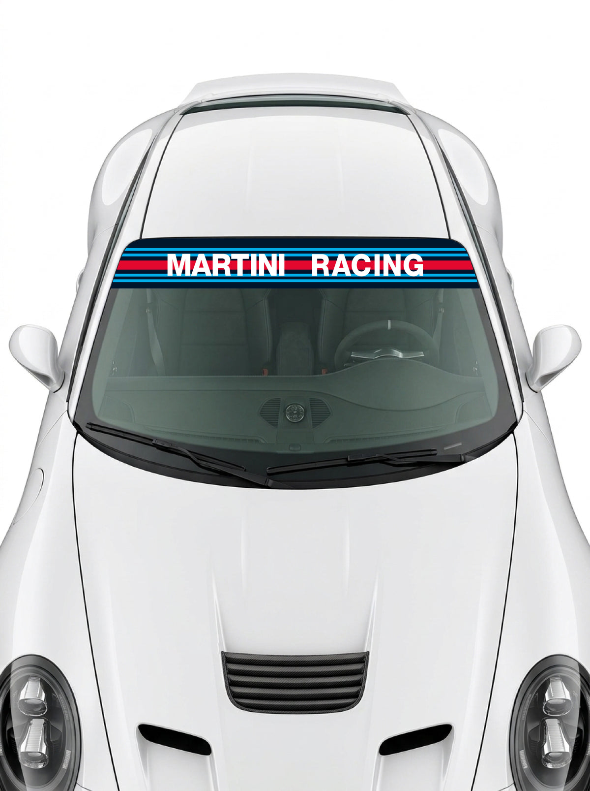 Coche con el parasol de vinilo Martini Racing azul marino con las franjas rectas y el lettering Martini Racing en una sola linea a todo lo ancho instalado en el parabrisas