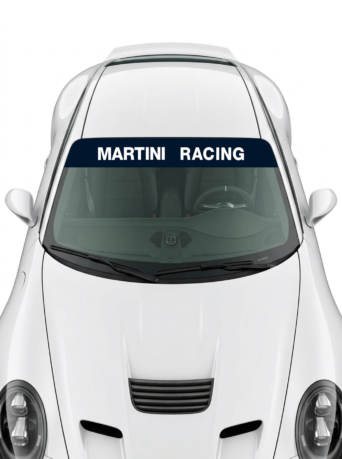 Coche con el parasol de vinilo Martini Racing azul marino liso con el lettering MARTINI RACING en blanco instalado en el parabrisas