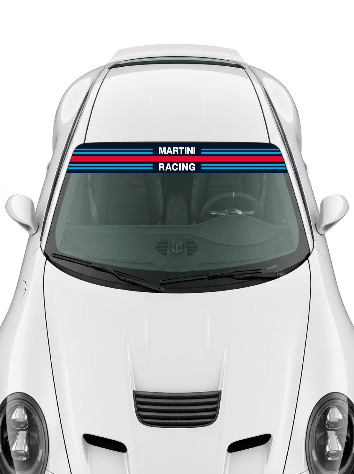 Coche con el parasol de vinilo Martini Racing azul marino con las franjas rectas y el lettering Martini Racing repartido en dos lineas instalado en el parabrisas