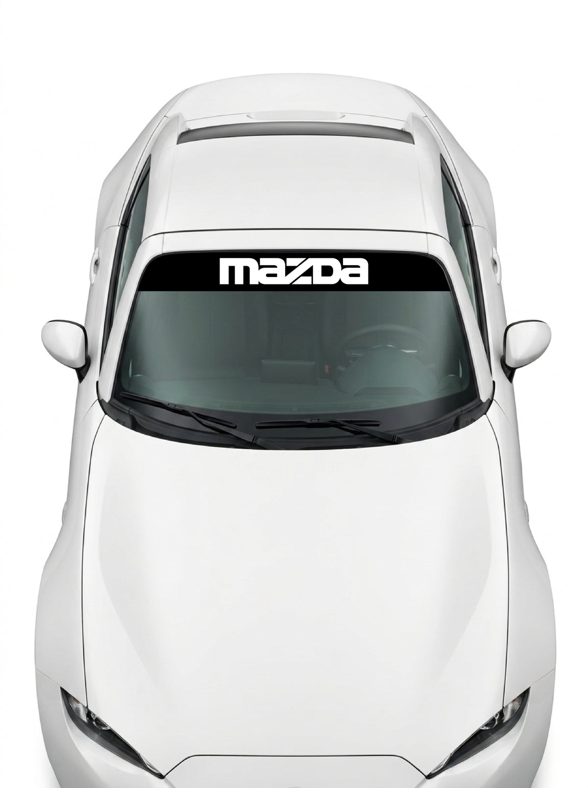 Coche con el parasol de vinilo Mazda negro con el lettering MAZDA en blanco instalado en el parabrisas