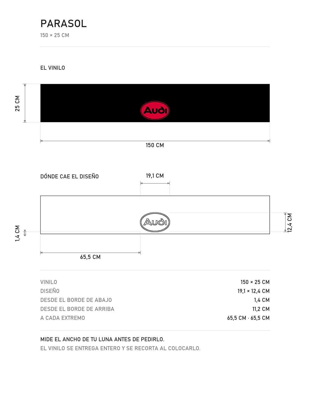 Lamina de medidas del parasol Audi negro con el logotipo ovalado rojo de Auto Union: el vinilo de 150 x 25 cm, donde cae el diseño dentro de la tira y la tabla de medidas, de MOA-Grafics.