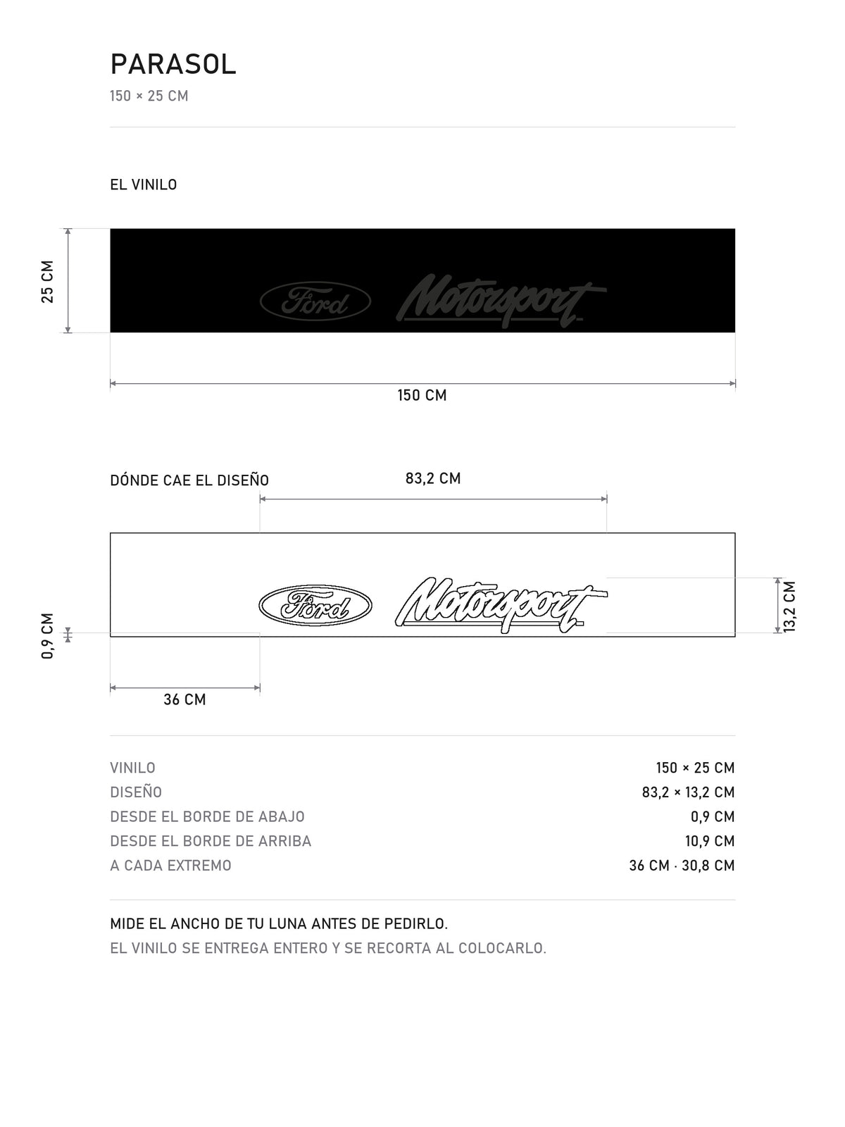 Lamina de medidas del parasol Ford Motorsport negro con el ovalo y el lettering tambien en negro: el vinilo de 150 x 25 cm, donde cae el diseño dentro de la tira y la tabla de medidas, de MOA-Grafics.