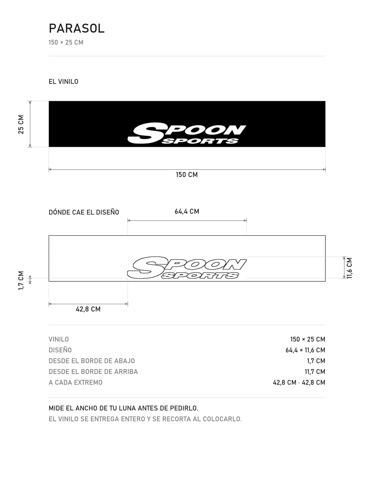 Lamina de medidas del parasol Honda negro con el logotipo del preparador Spoon Sports en blanco: el vinilo de 150 x 25 cm, donde cae el diseño dentro de la tira y la tabla de medidas, de MOA-Grafics.