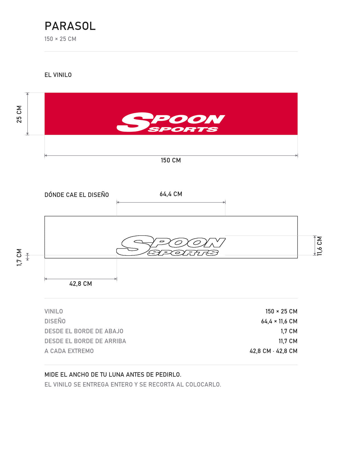 Lamina de medidas del parasol Honda rojo con el logotipo del preparador Spoon Sports en blanco: el vinilo de 150 x 25 cm, donde cae el diseño dentro de la tira y la tabla de medidas, de MOA-Grafics.