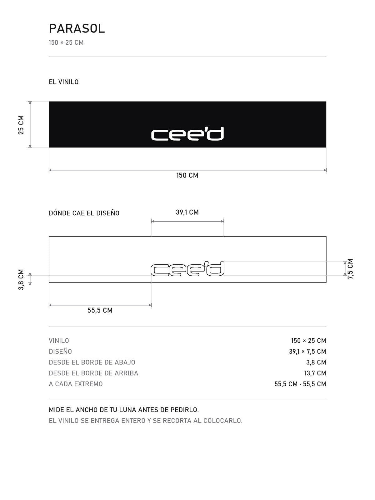 Lamina de medidas del parasol Kia negro con el lettering cee'd en blanco: el vinilo de 150 x 25 cm, donde cae el diseño dentro de la tira y la tabla de medidas, de MOA-Grafics.